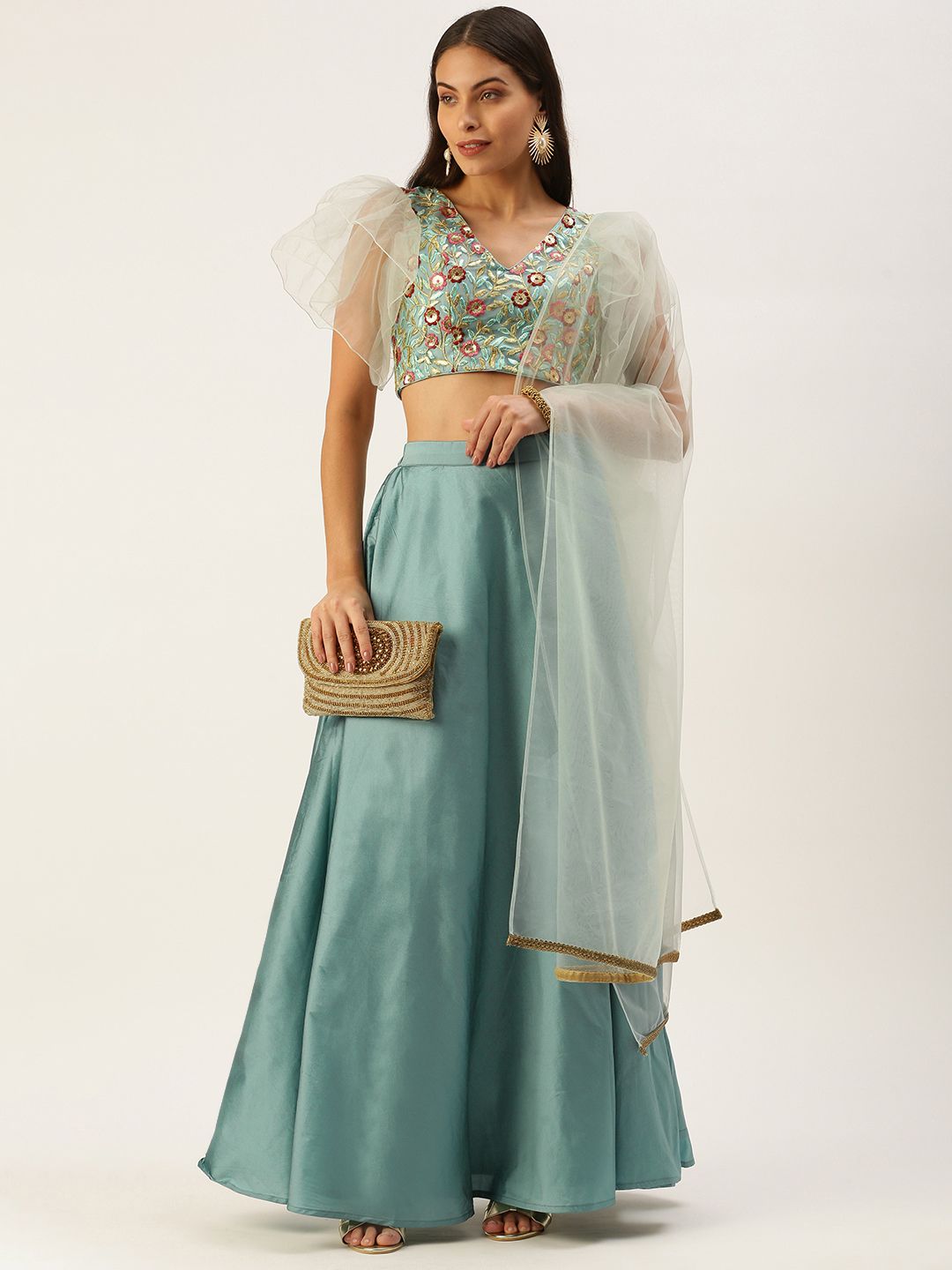 EthnoVogue Lavender & Green Embroidered Made to Measure Lehenga & Blouse With Dupatta