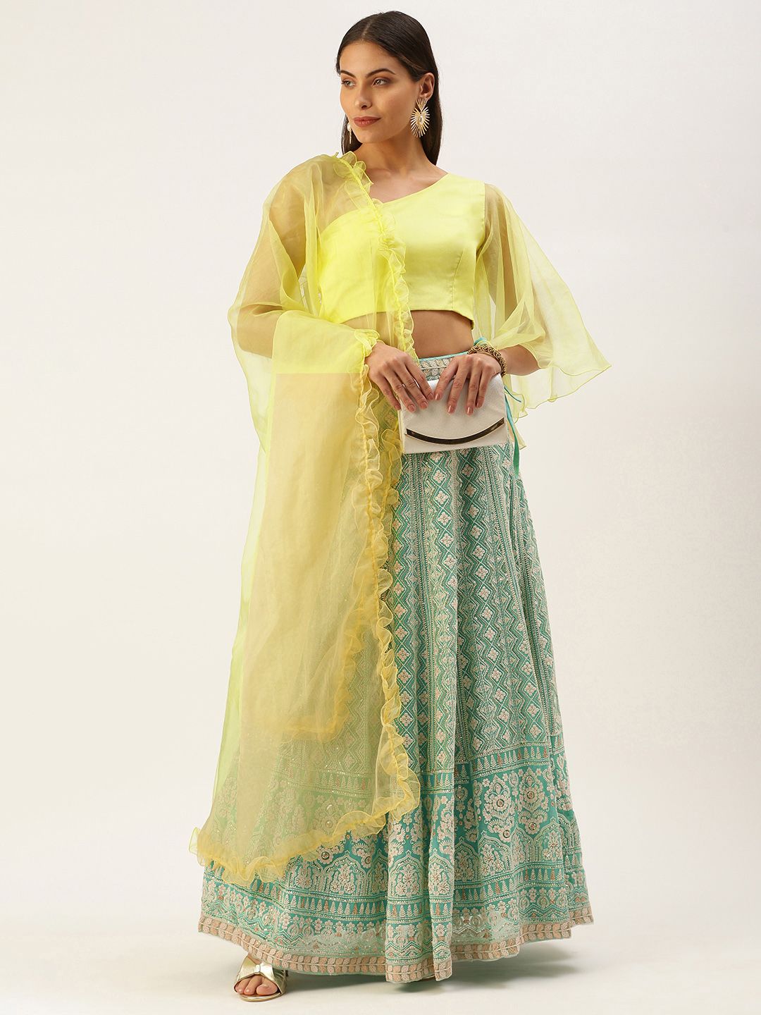 EthnoVogue Yellow & Green Embroidered Made to Measure Lehenga & Blouse With Dupatta Price in India
