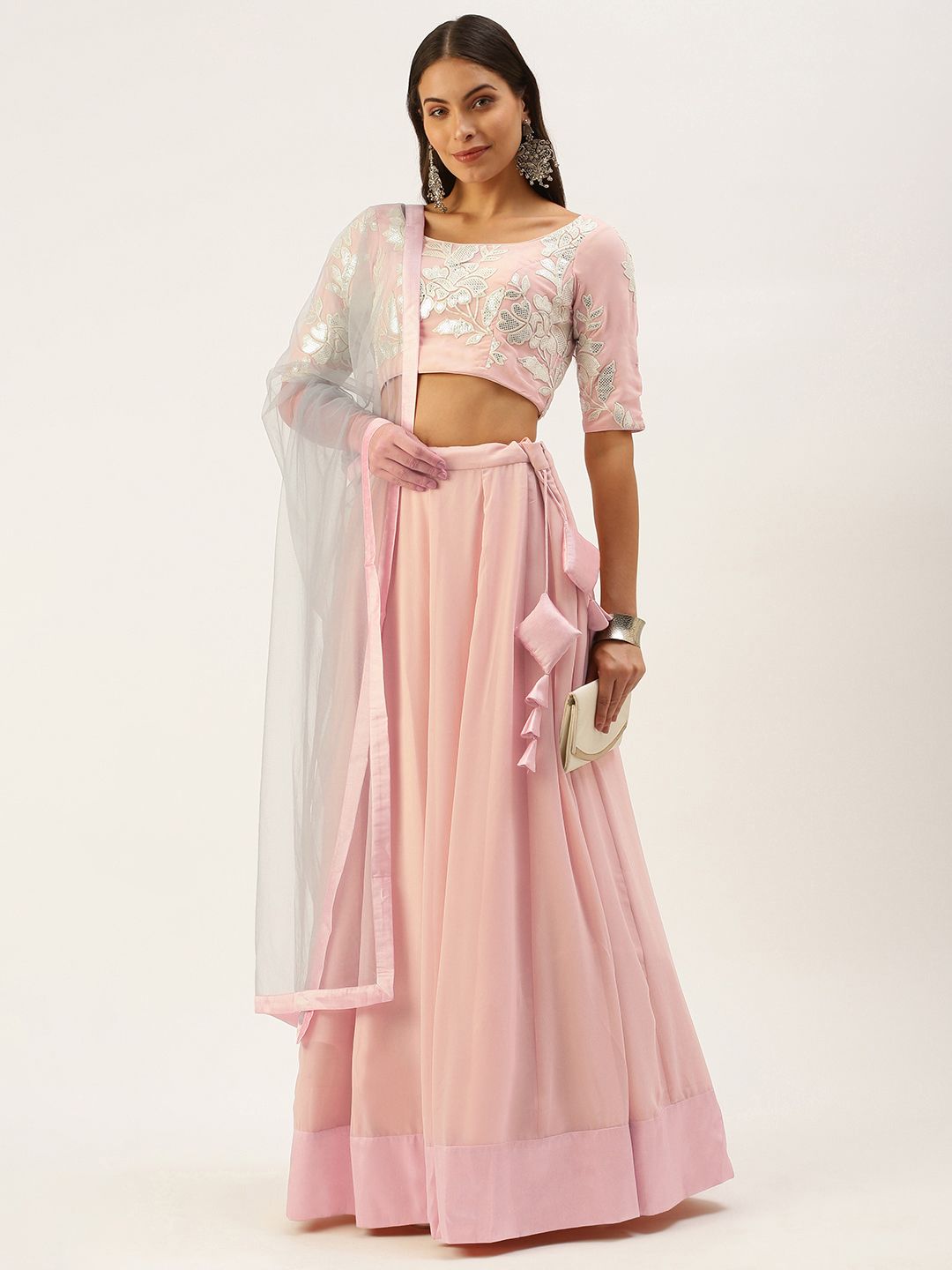EthnoVogue Pink & Grey Embroidered Made to Measure Lehenga & Blouse With Dupatta Price in India