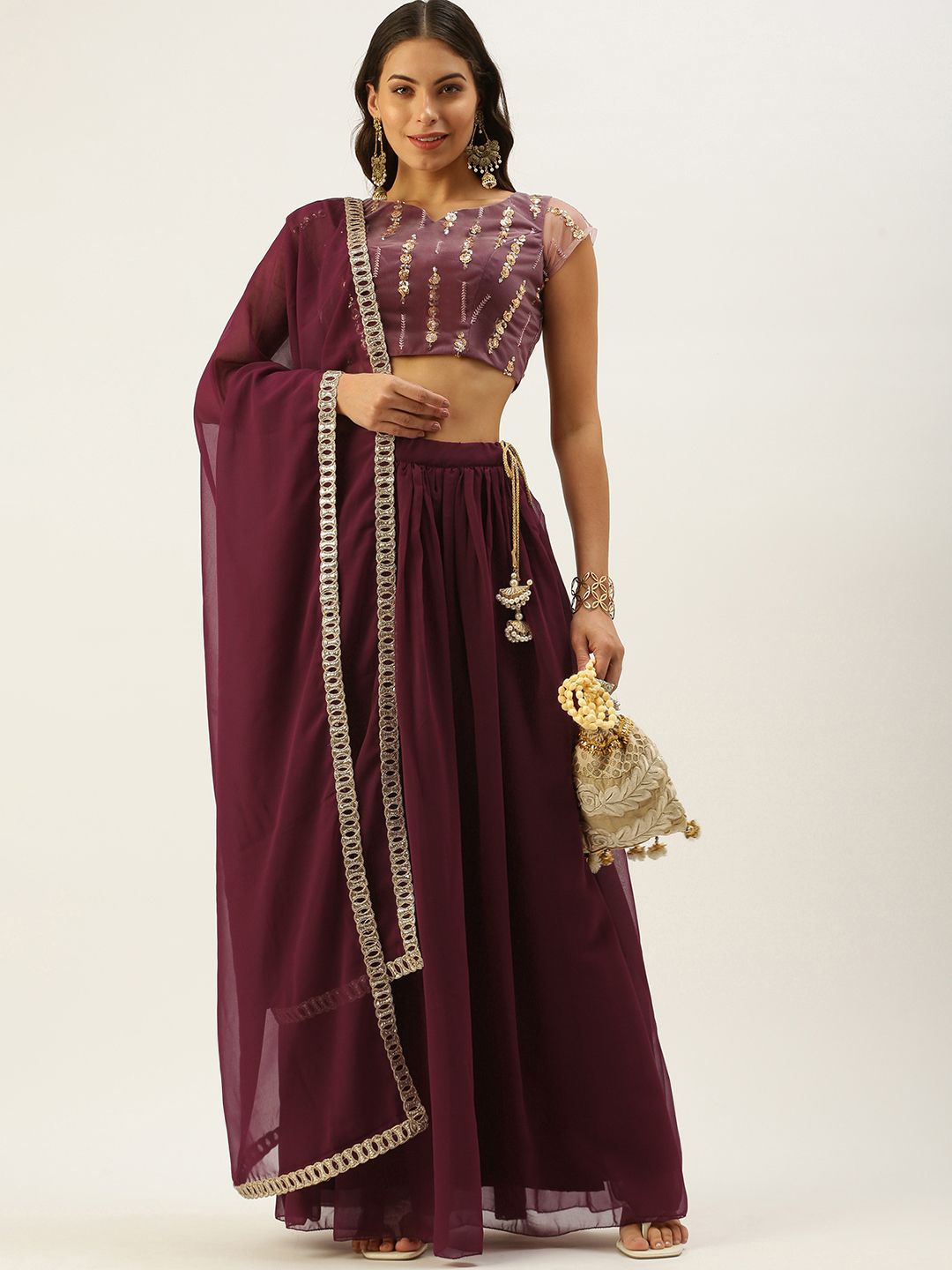 EthnoVogue Mauve & Burgundy Embellished Made to Measure Lehenga & Blouse With Dupatta Price in India