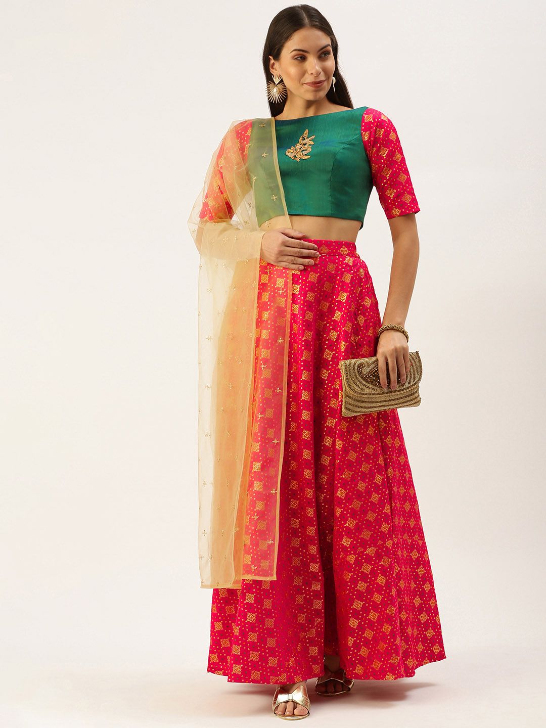 EthnoVogue Green & Red Embellished Made to Measure Lehenga & Blouse With Dupatta Price in India