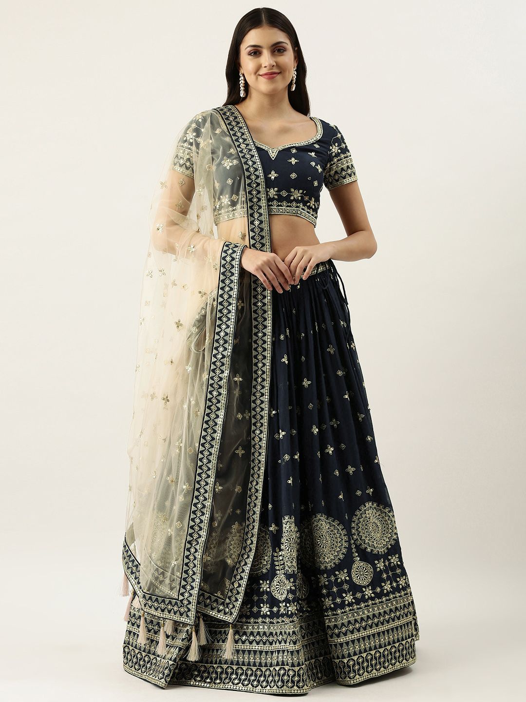 panchhi Navy Blue Embroidered Sequinned Unstitched Lehenga & Blouse With Dupatta Price in India