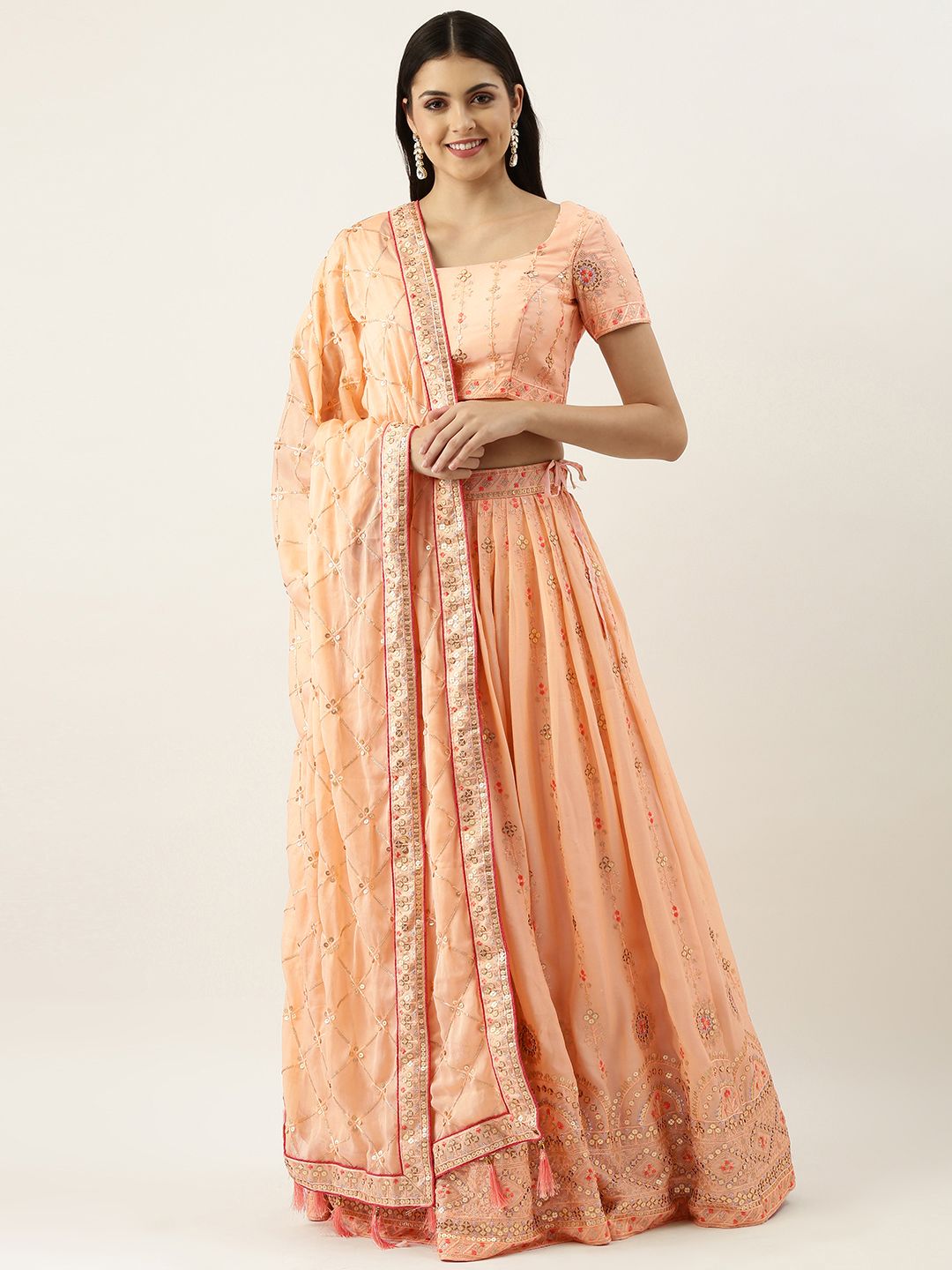 panchhi Peach-Coloured Embroidered Sequinned Unstitched Lehenga & Blouse With Dupatta Price in India