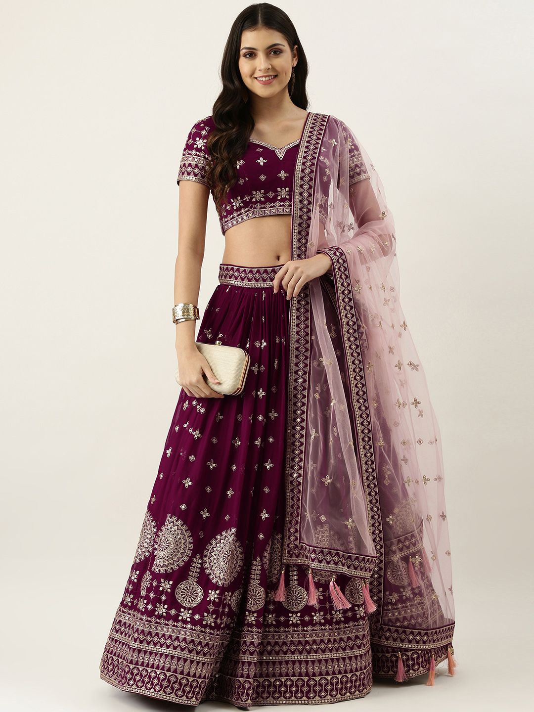 panchhi Maroon & Pink Embroidered Sequinned Unstitched Lehenga & Blouse With Dupatta Price in India