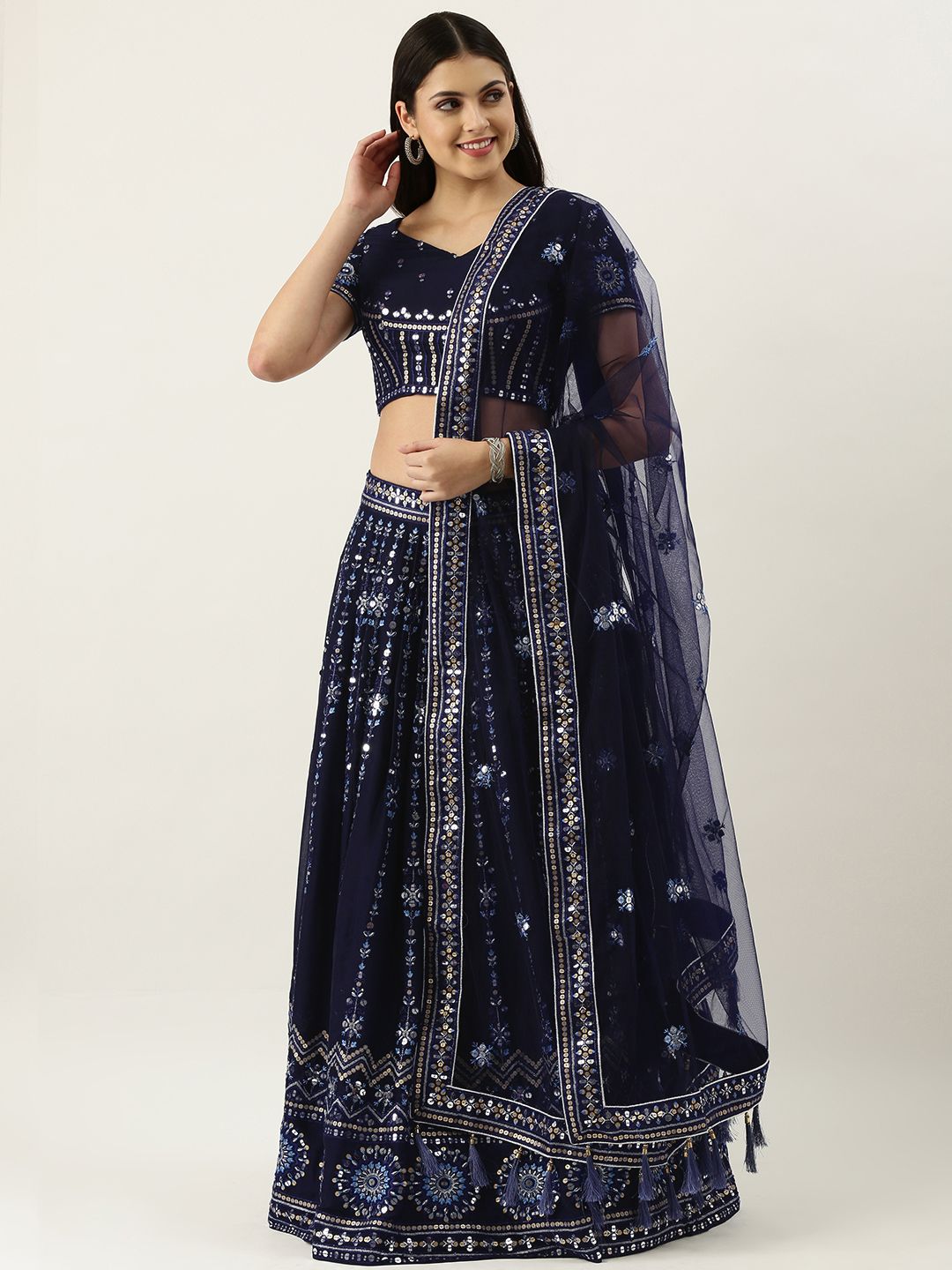 panchhi Navy Blue Embroidered Sequinned Unstitched Lehenga & Blouse With Dupatta Price in India