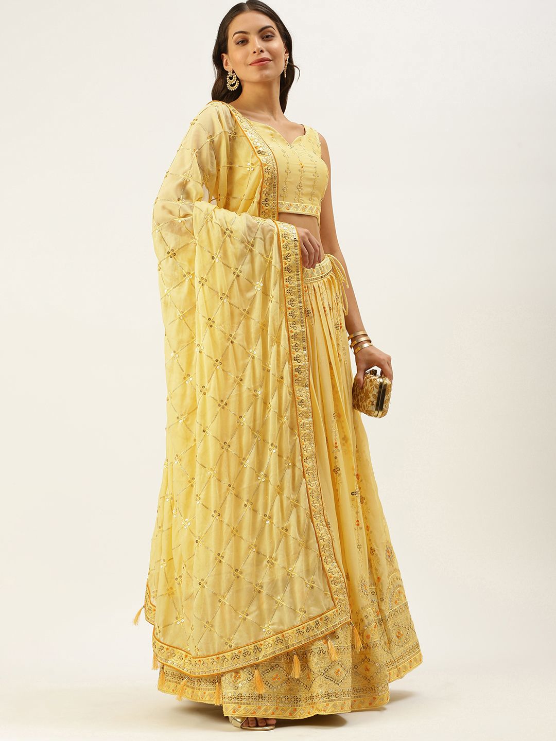 panchhi Yellow & Embroidered Sequinned Unstitched Lehenga & Blouse With Dupatta Price in India