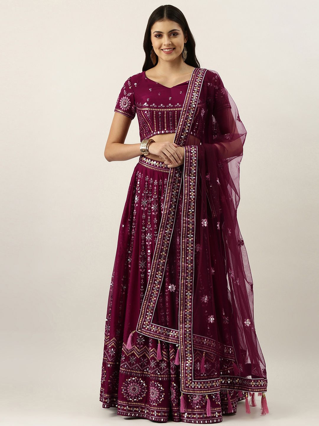 panchhi Maroon Embroidered Sequinned Unstitched Lehenga & Blouse With Dupatta Price in India