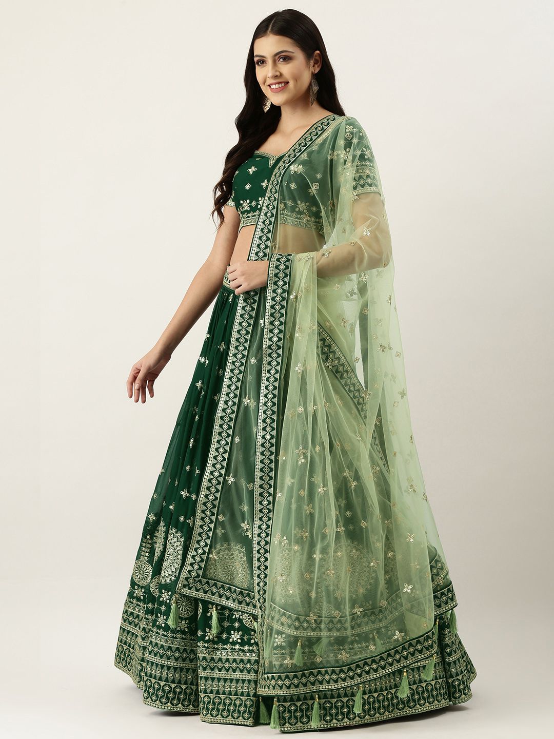 panchhi Green Embroidered Sequinned Unstitched Lehenga & Blouse With Dupatta Price in India