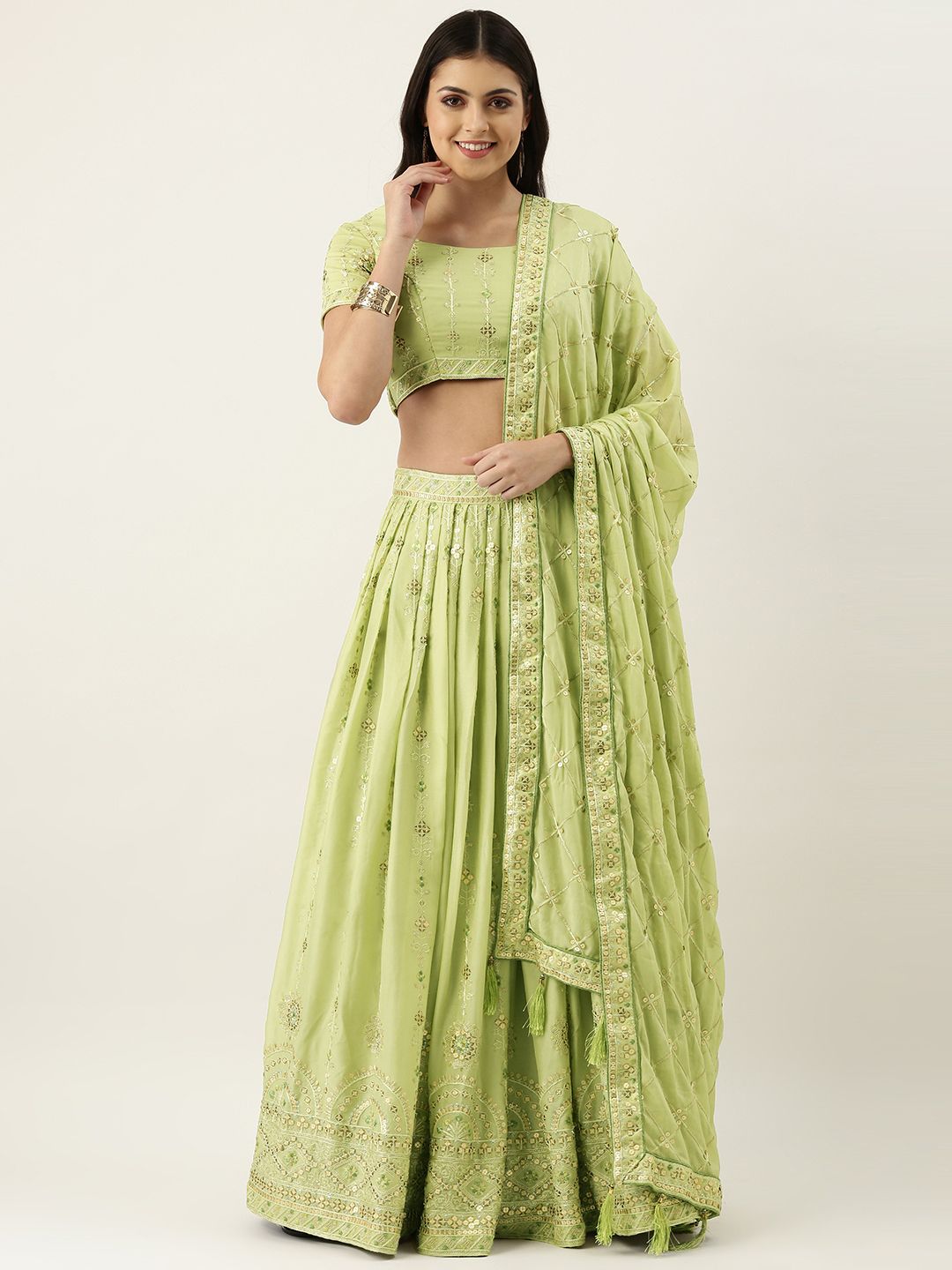 panchhi Green Embroidered Sequinned Unstitched Lehenga & Blouse With Dupatta Price in India