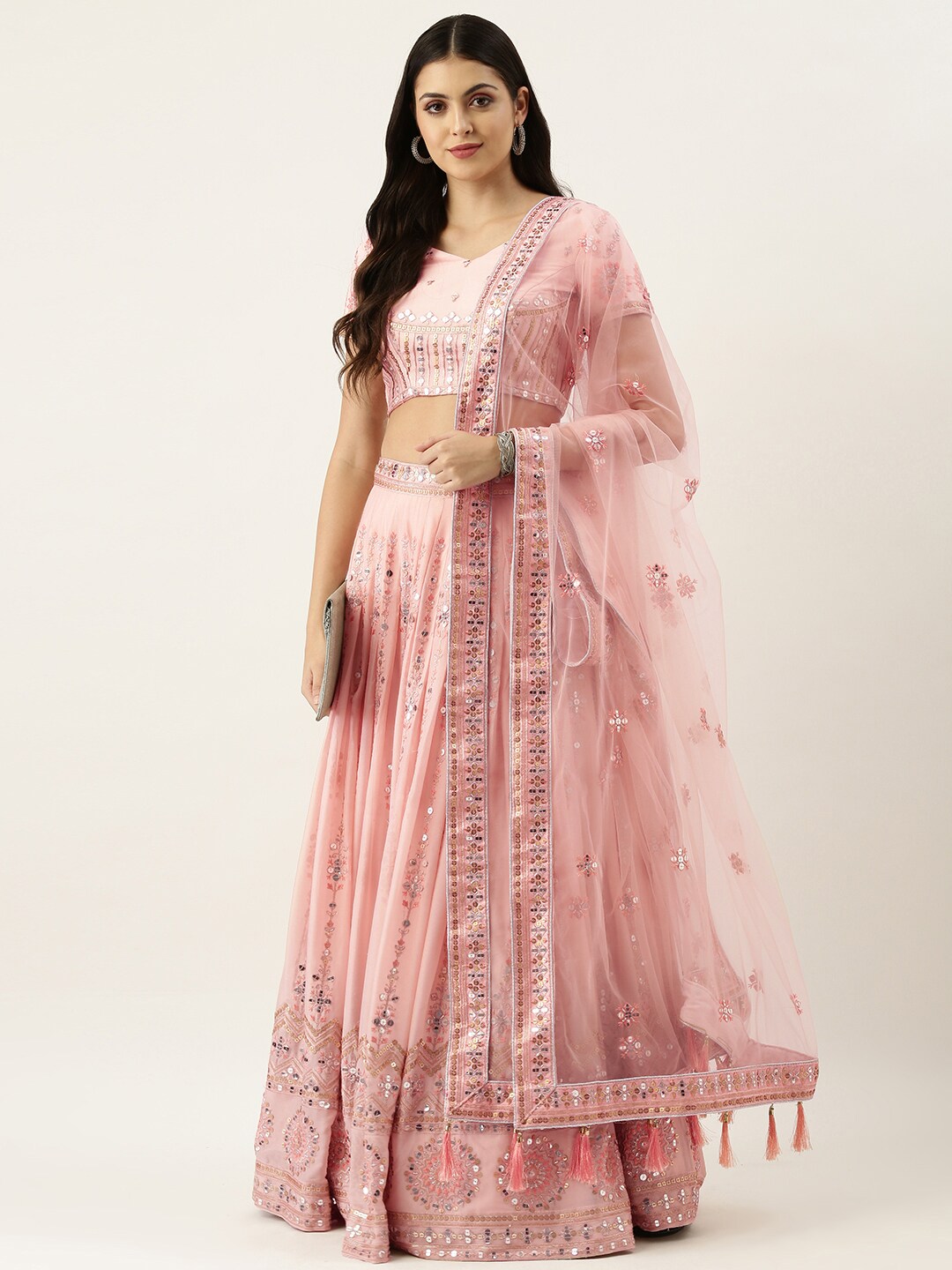 panchhi Pink Embroidered Sequinned Unstitched Lehenga & Blouse With Dupatta Price in India