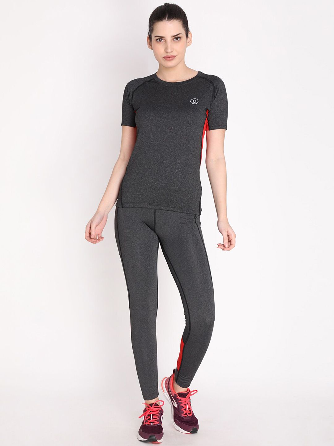 Chkokko Women Charcoal  Grey & Red Solid Tracksuit Price in India