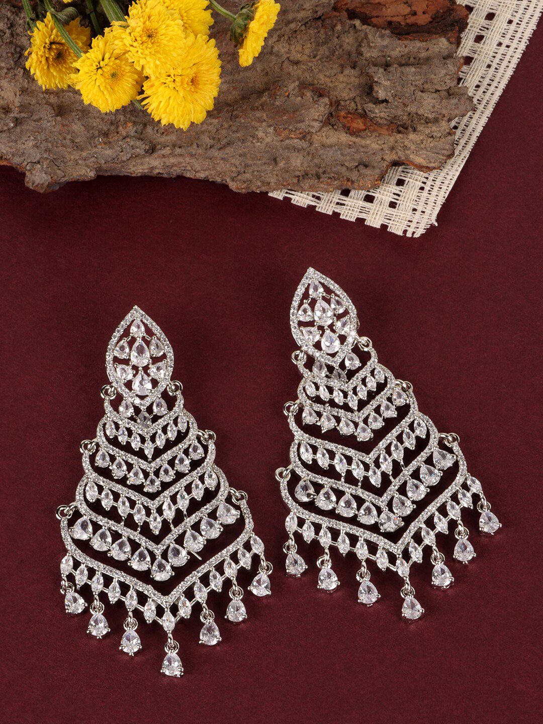 JEWELS GEHNA White & Silver-Plated Contemporary Drop Earrings Price in India