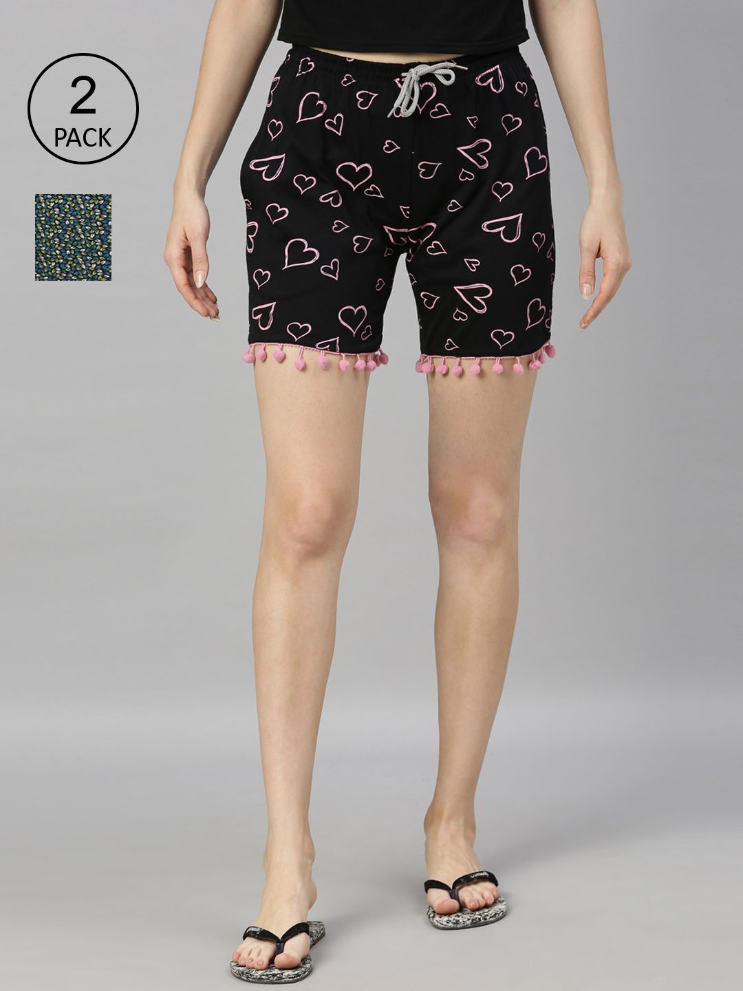 Kryptic Women Pack of 2 Black Printed Cotton Lounge Shorts Price in India