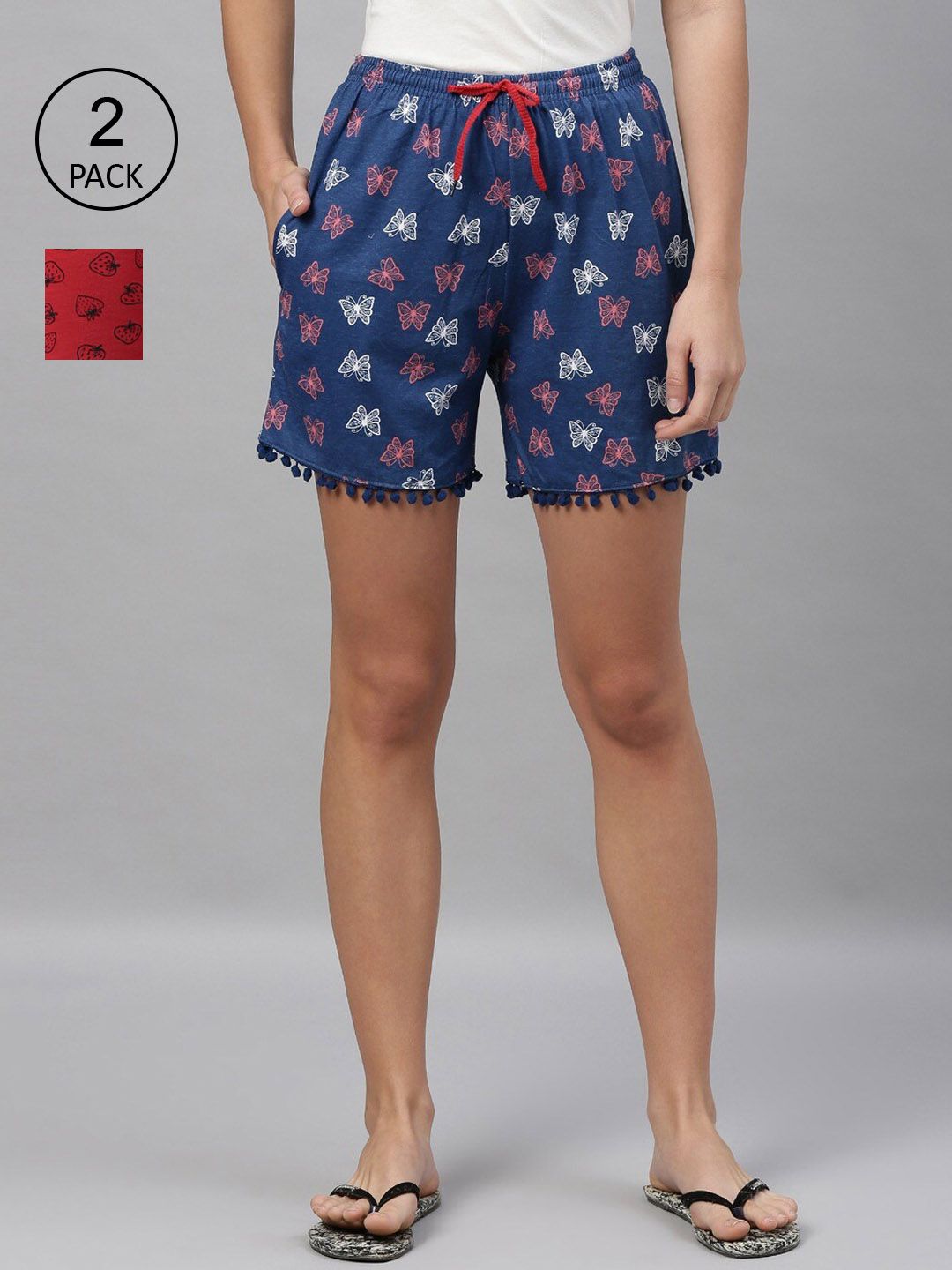 Kryptic Women Pack of 2 Blue & Red Printed Cotton Lounge Shorts Price in India