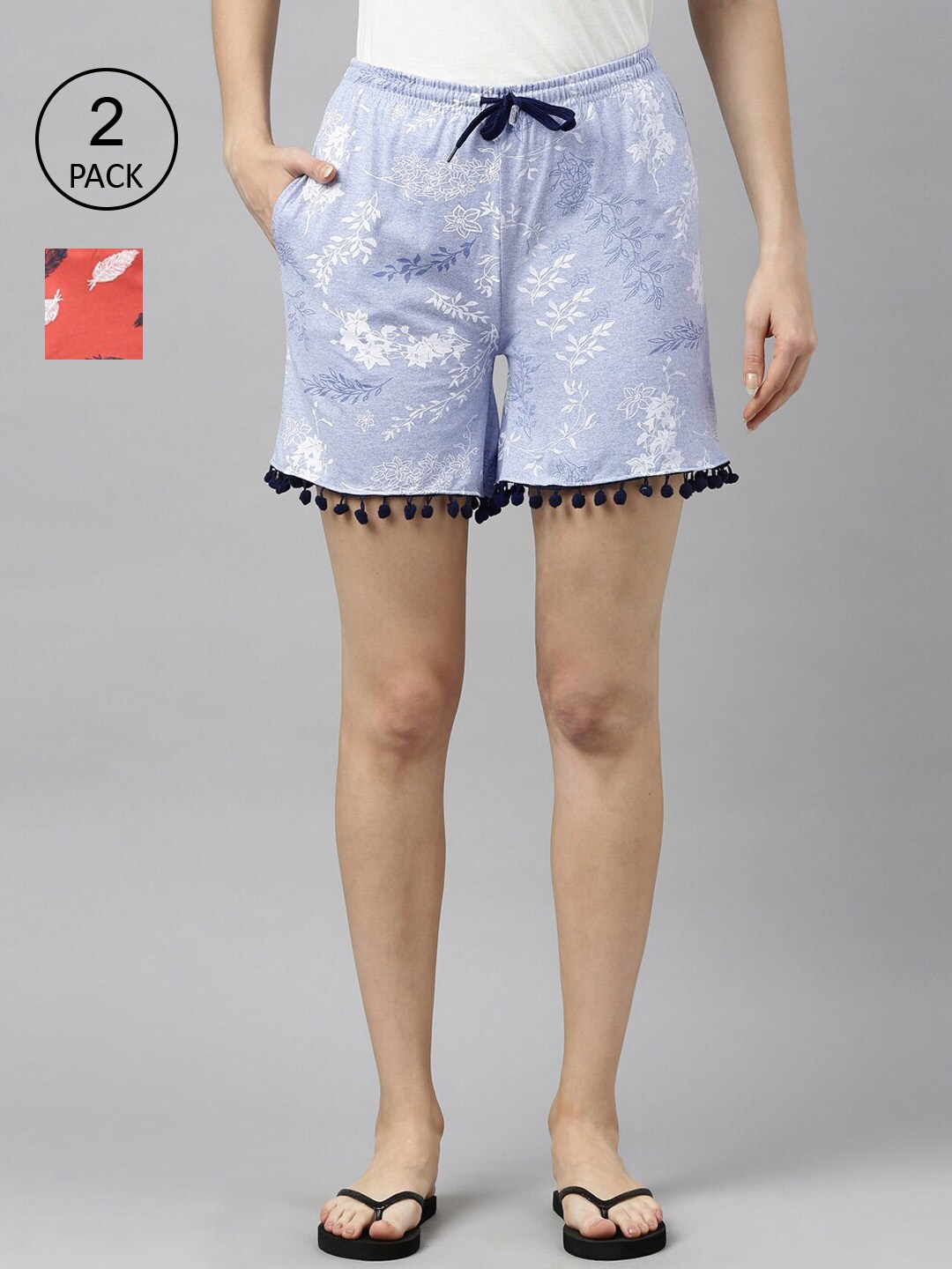 Kryptic Women Orange & Blue Pack Of 2 Printed Cotton Lounge Shorts Price in India