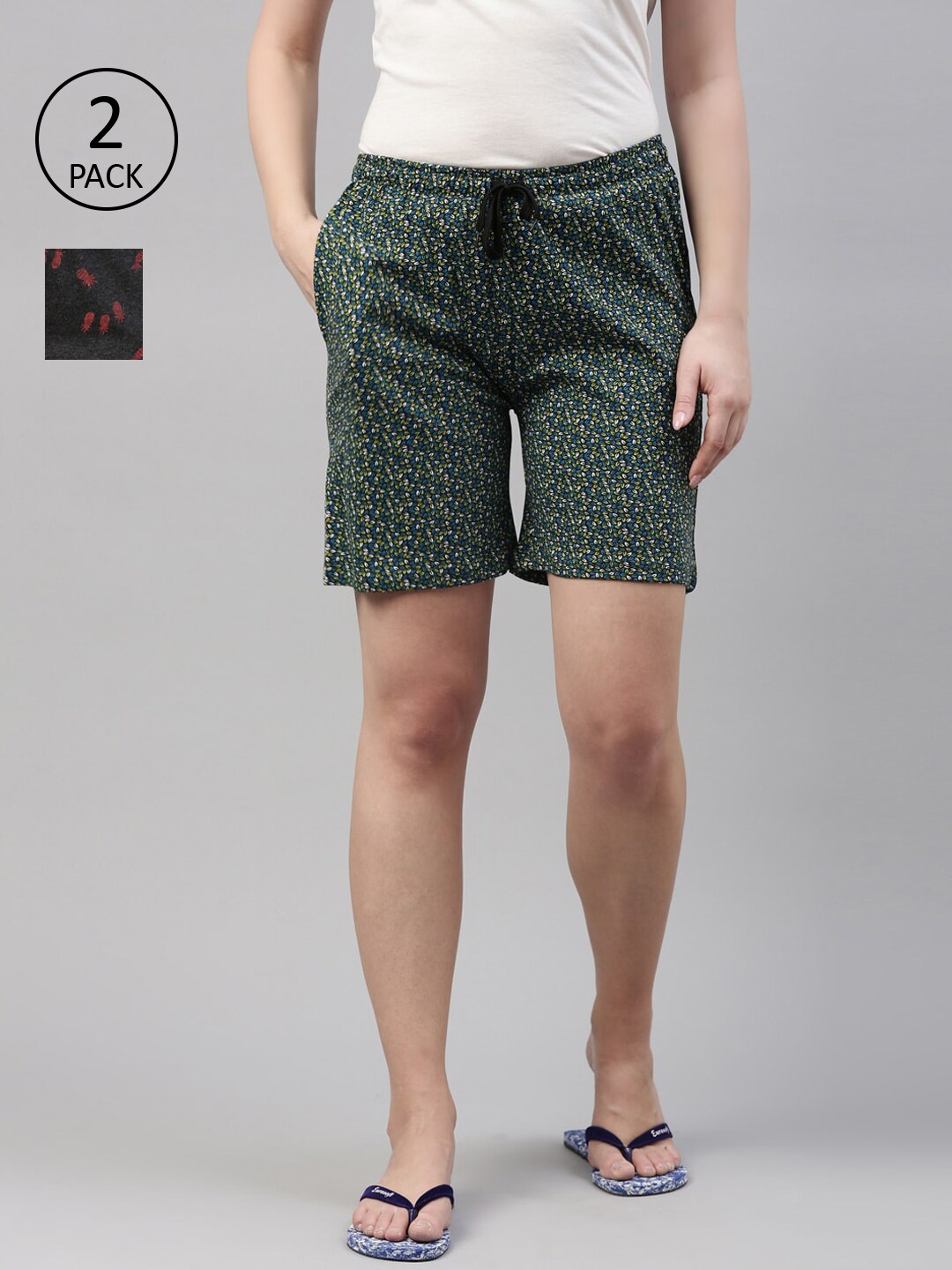 Kryptic Women Pack of 2 Grey & Green Printed Cotton Lounge Shorts Price in India