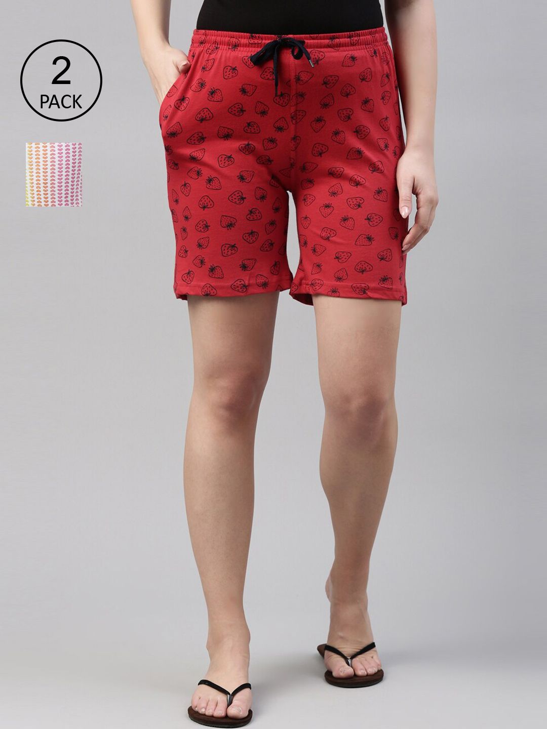 Kryptic Women Set Of 2 Red & White Printed Lounge Shorts Price in India