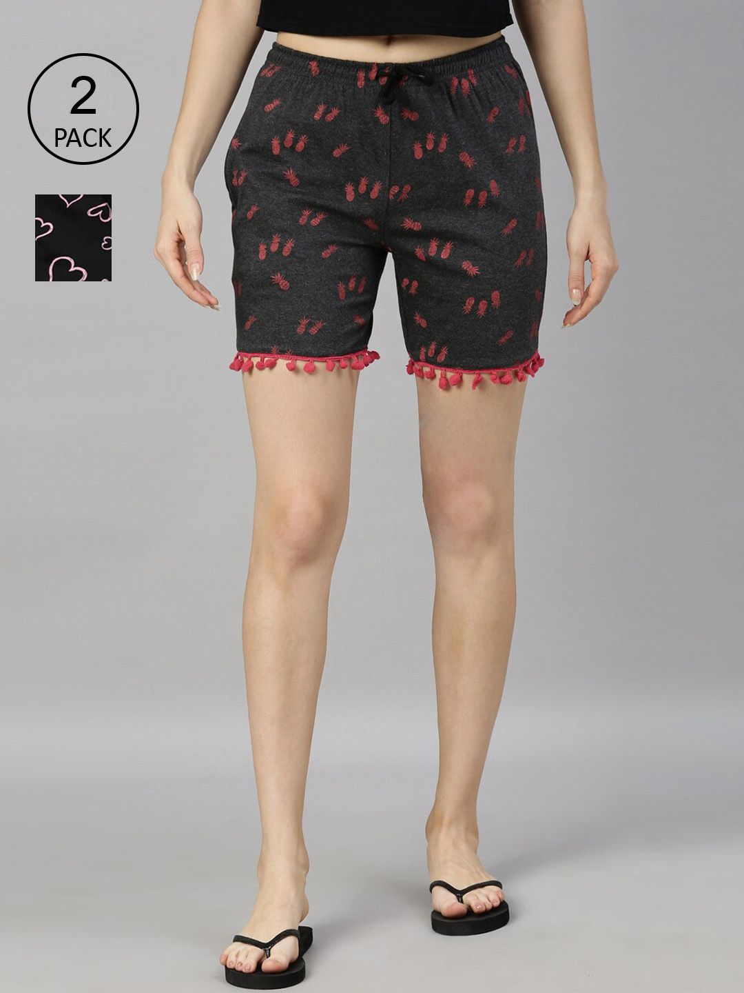 Kryptic Women Black Pack Of 2 Printed Lounge Shorts Price in India