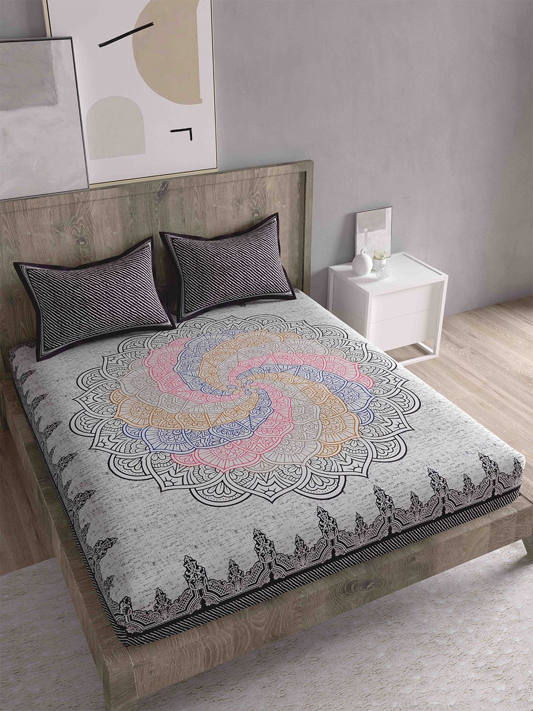 Spangle Coffee Brown & Grey Ethnic Motifs 260 TC Cotton King Bedsheet With 2 Pillow Covers Price in India