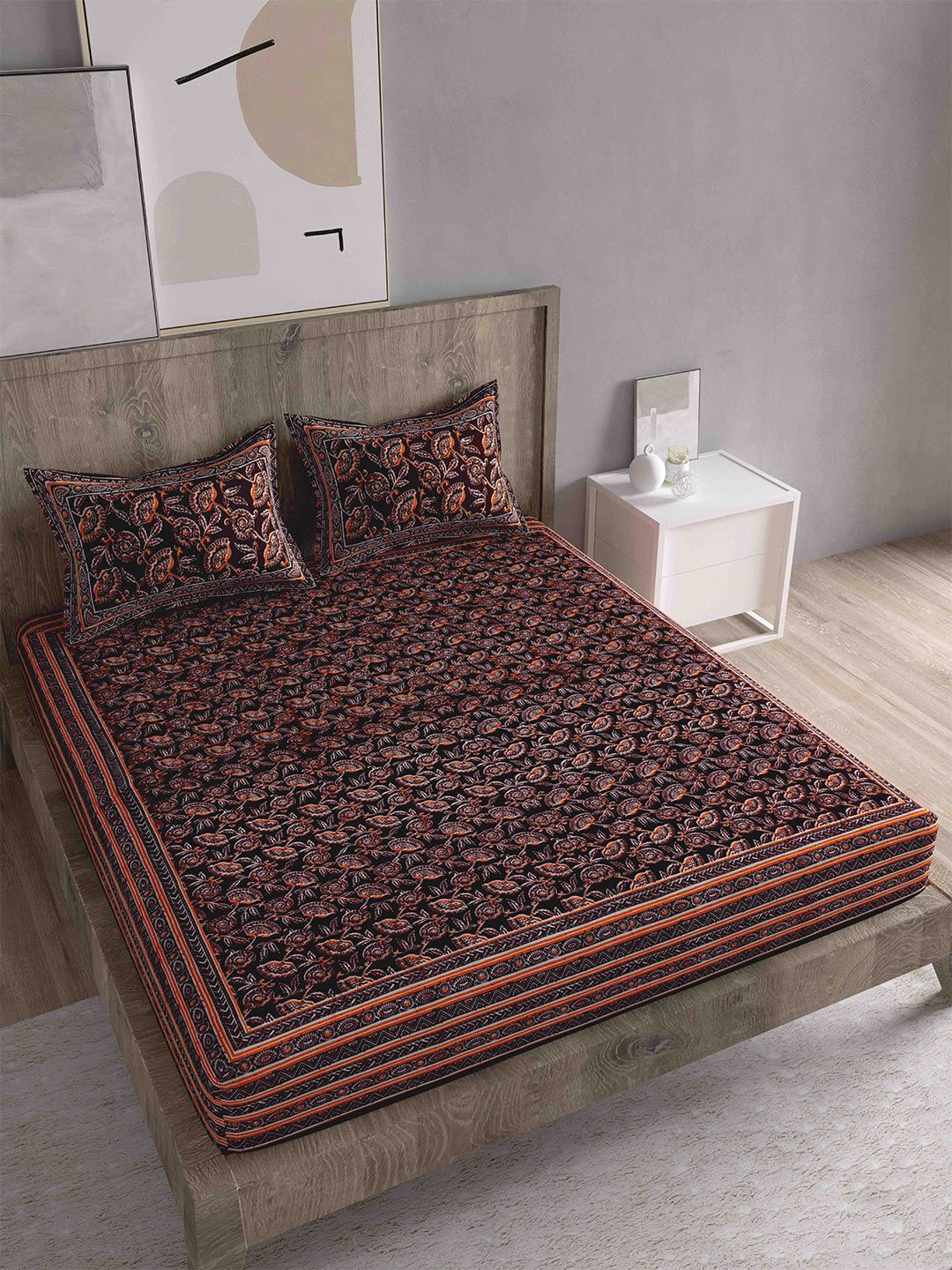 Spangle Coffee Brown & Orange Ethnic Motifs 260 TC King Bedsheet with 2 Pillow Covers Price in India