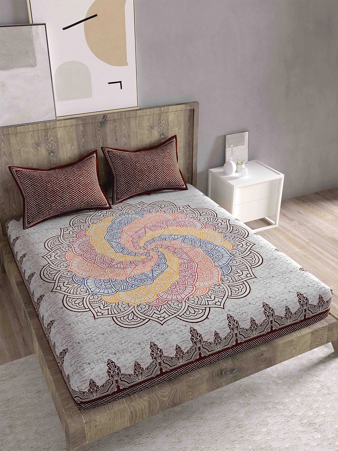 Spangle Brown & Blue Ethnic Motifs 260 TC Cotton King Bedsheet with 2 Pillow Covers Price in India