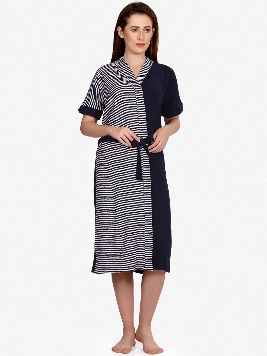 Sand Dune Women Navy Blue Striped Pure Terry Cotton Bath Robe Price in India