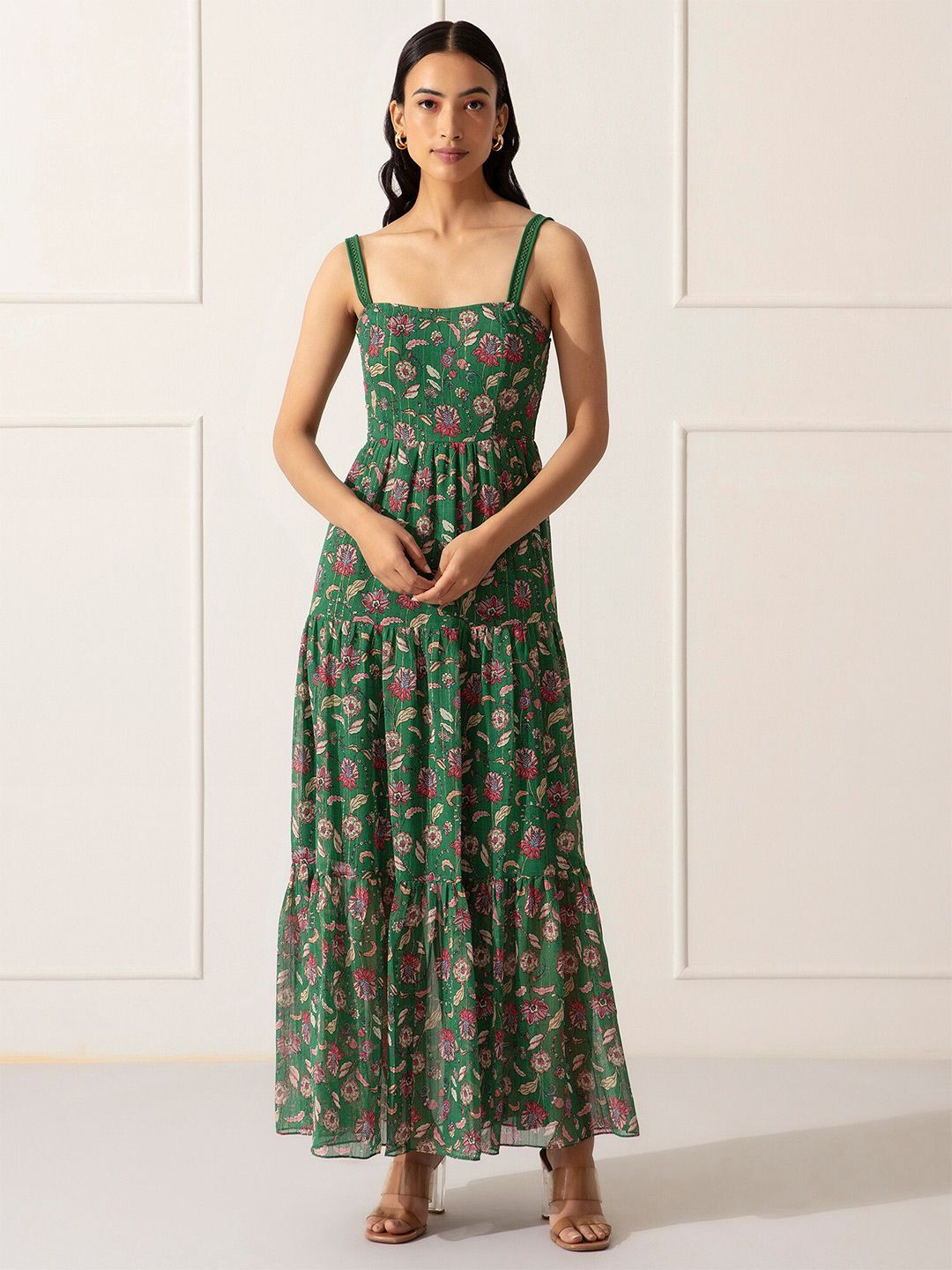 20Dresses Women Green Floral Printed Chiffon Maxi Dress Price in India