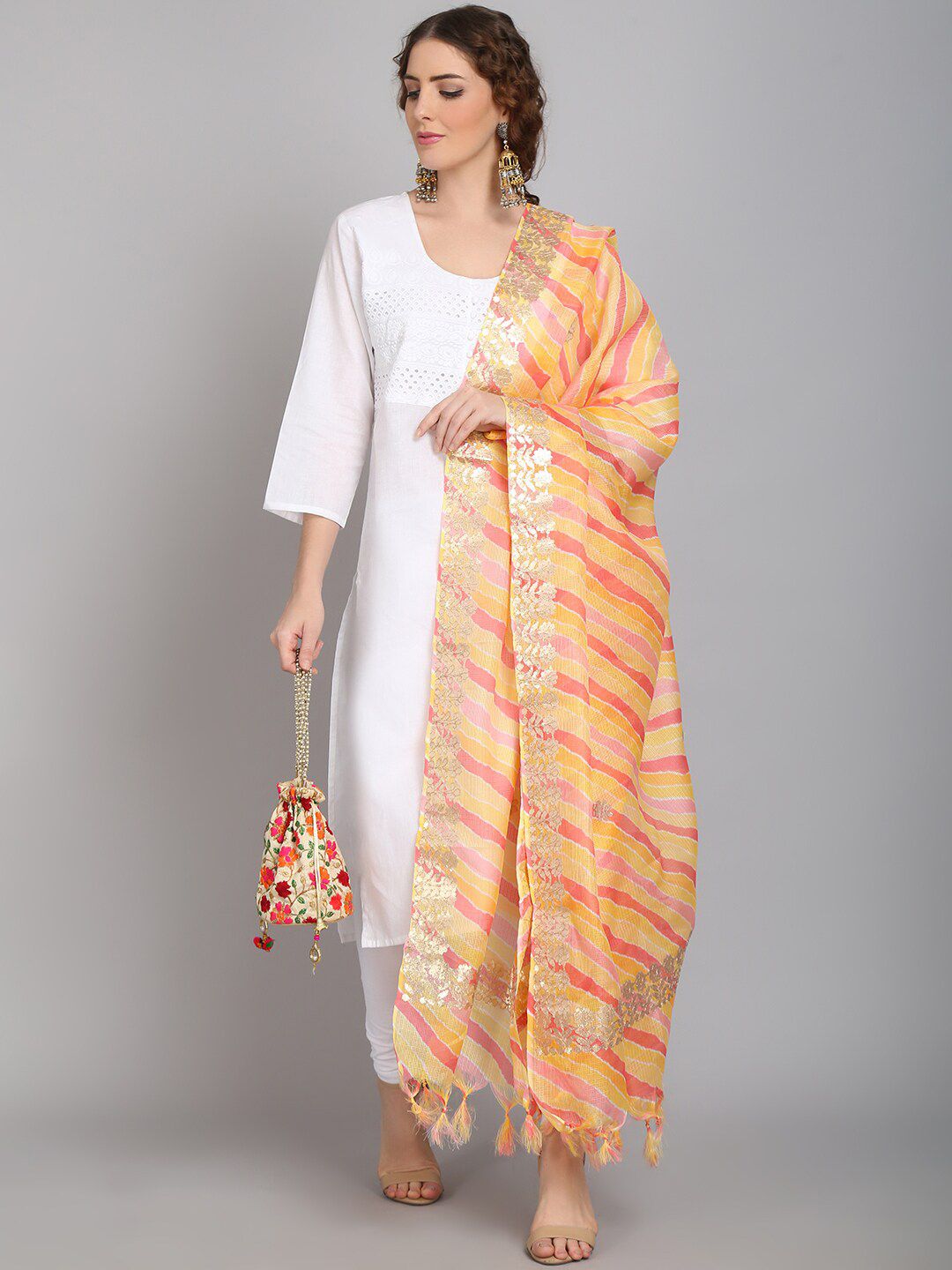 SOUNDARYA Women Yellow & Peach-Coloured Striped Pure Cotton Leheriya Dupatta Price in India