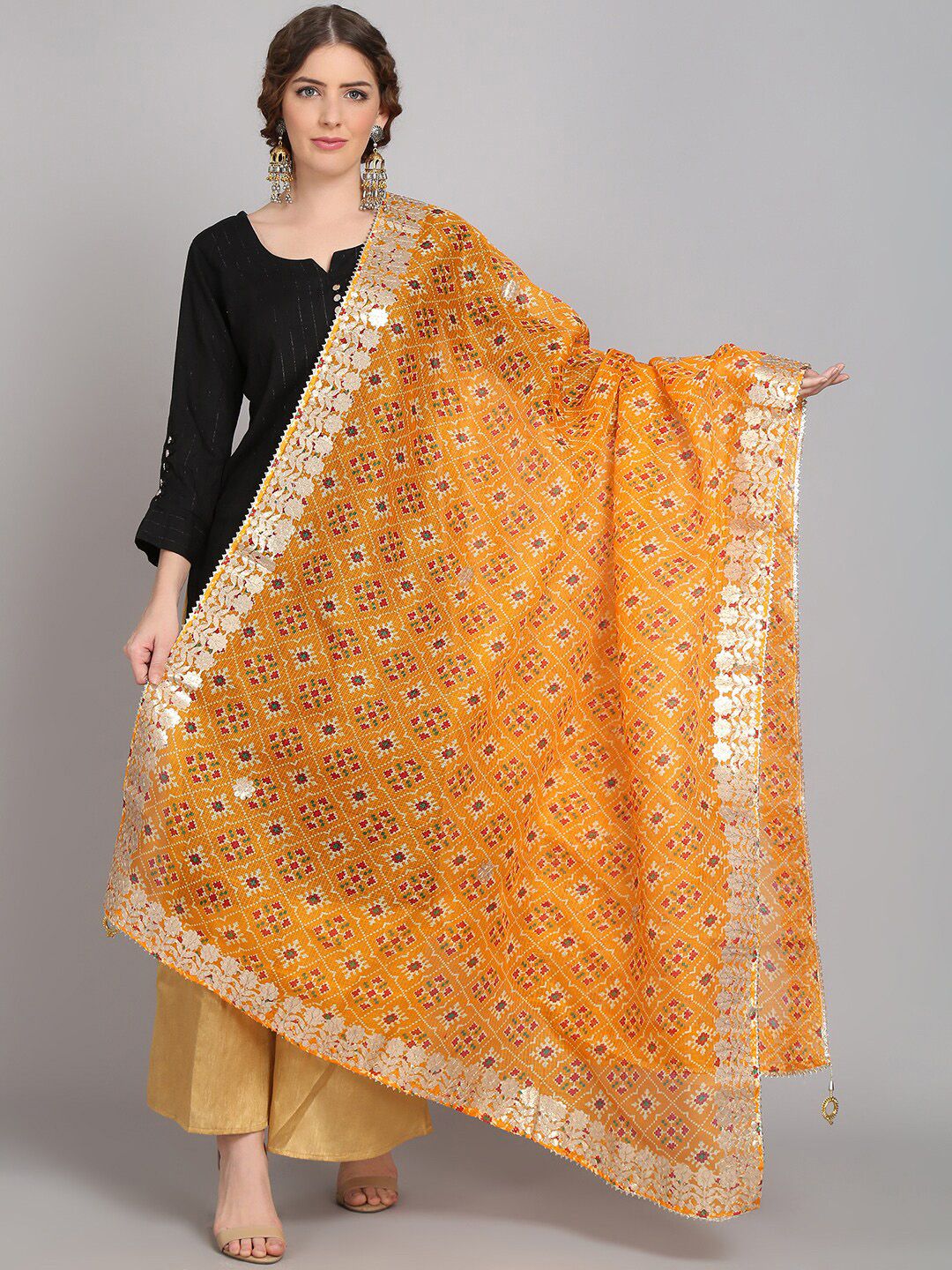 SOUNDARYA Yellow & Red Printed Pure Cotton Dupatta With Gotta Patti Price in India