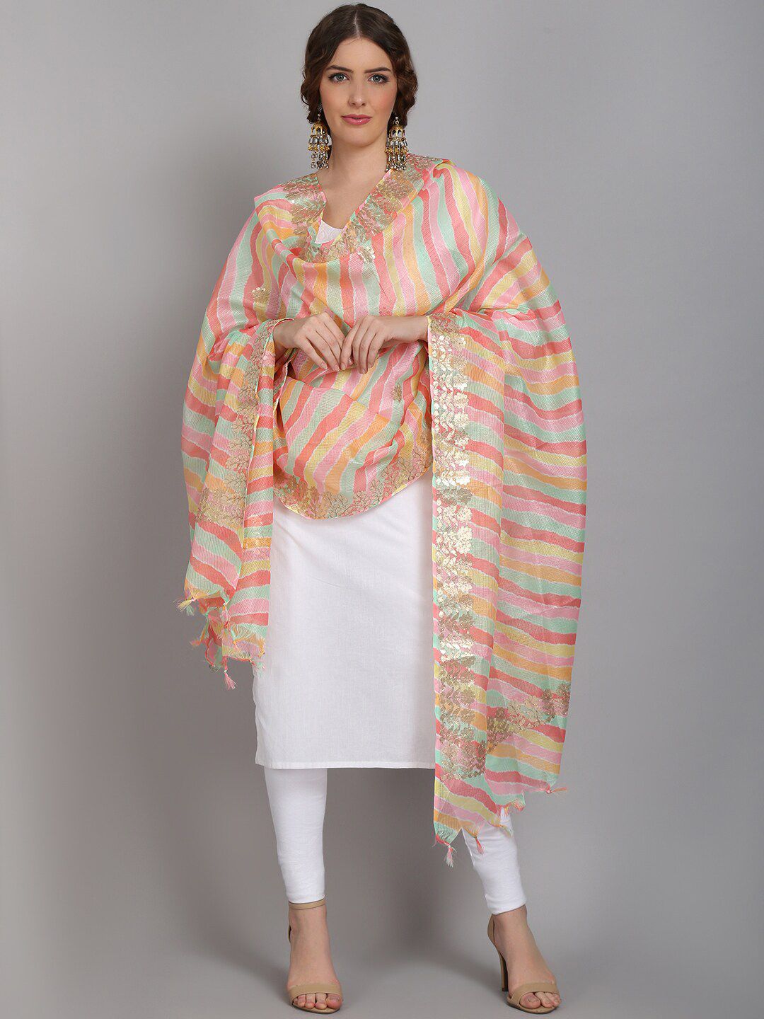 SOUNDARYA Pink & Peach-Coloured Striped Pure Cotton Leheriya Dupatta Price in India