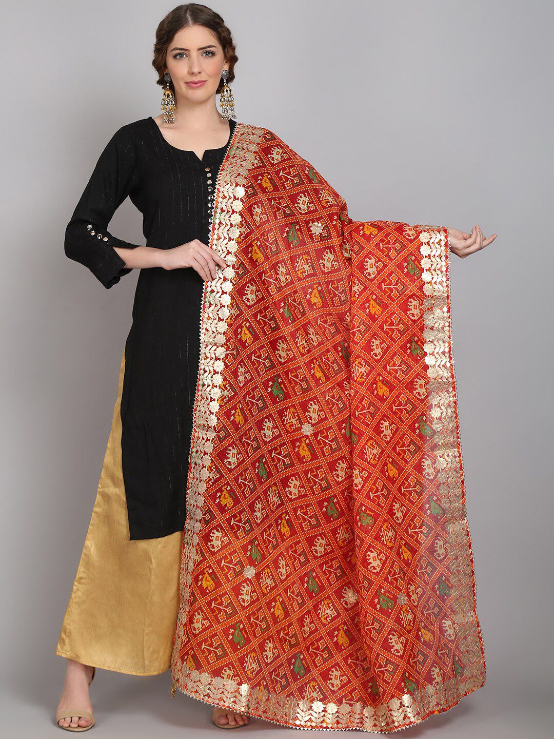 SOUNDARYA Women Red & Gold-Toned Ethnic Motifs Printed Pure Cotton Dupatta Price in India