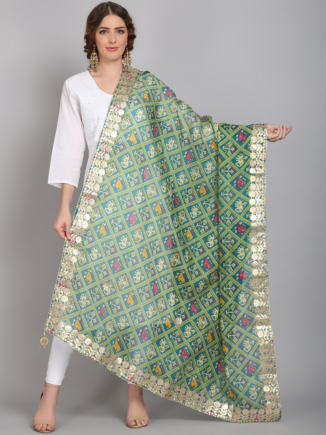 SOUNDARYA Women Green & Gold-Toned Printed Pure Cotton Dupatta Price in India