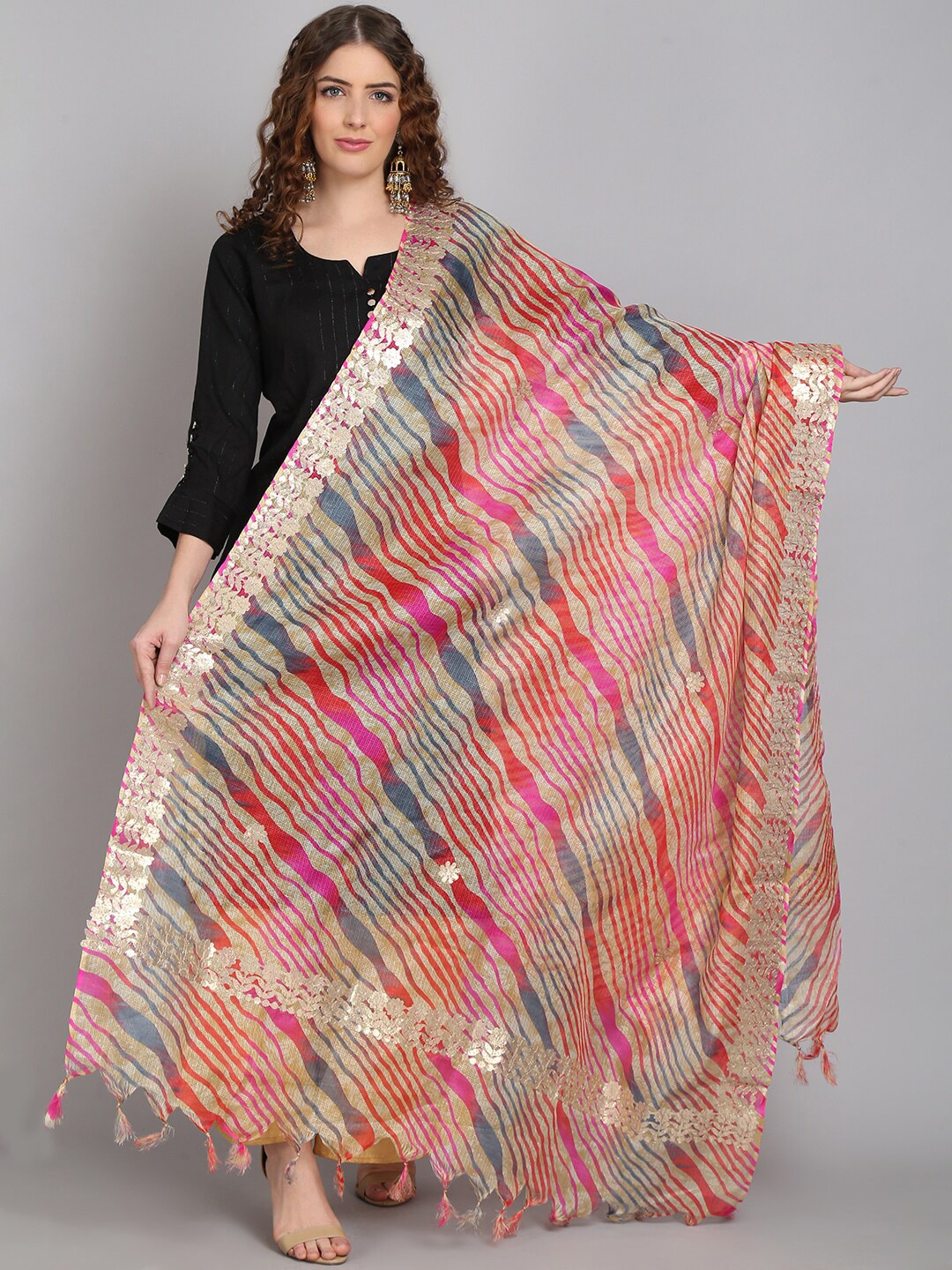 SOUNDARYA Women Pink & Blue Striped Pure Cotton Leheriya Dupatta Price in India