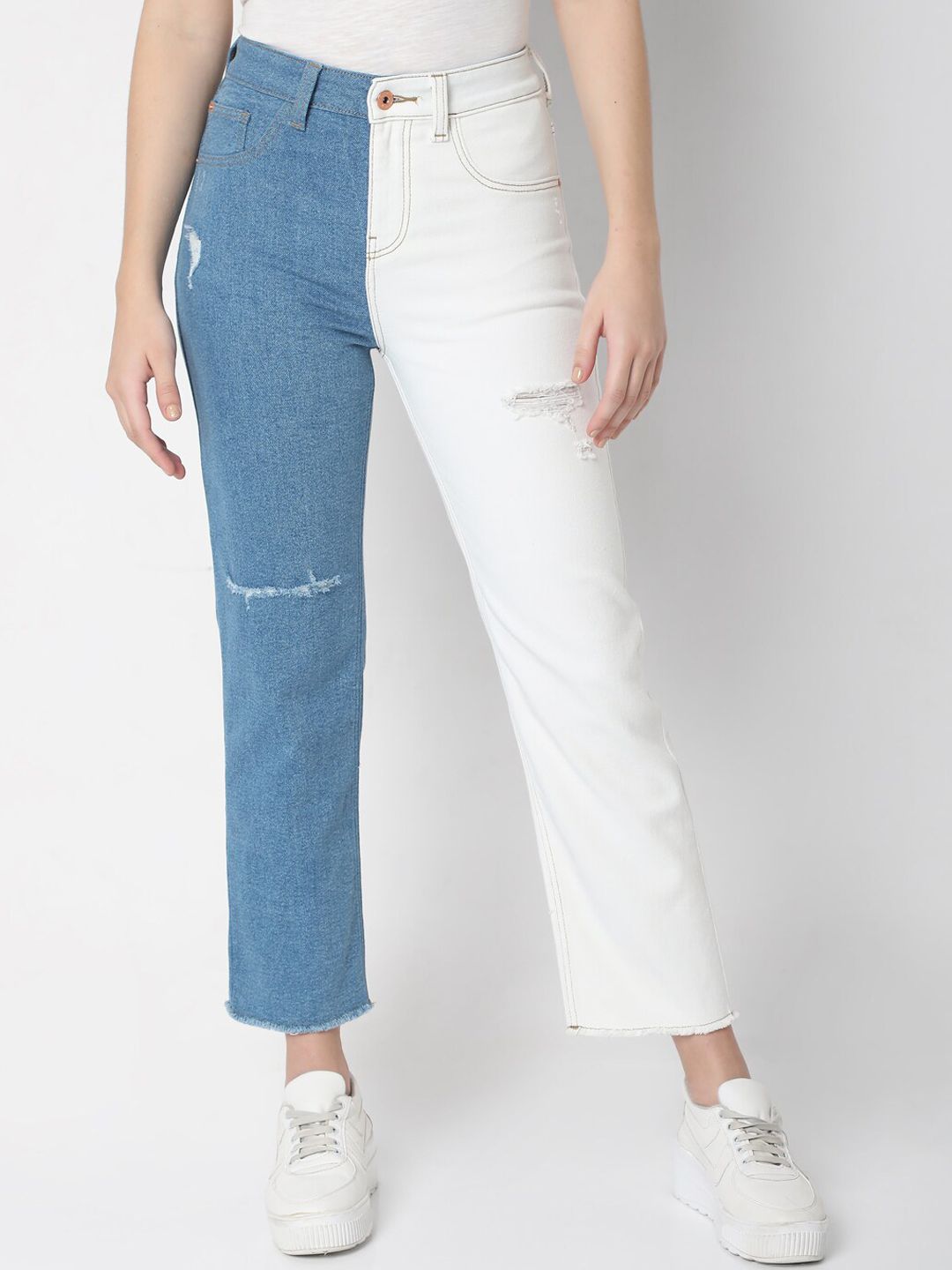 Vero Moda Women Blue & White Straight Fit High-Rise Slash Knee Cotton Jeans Price in India