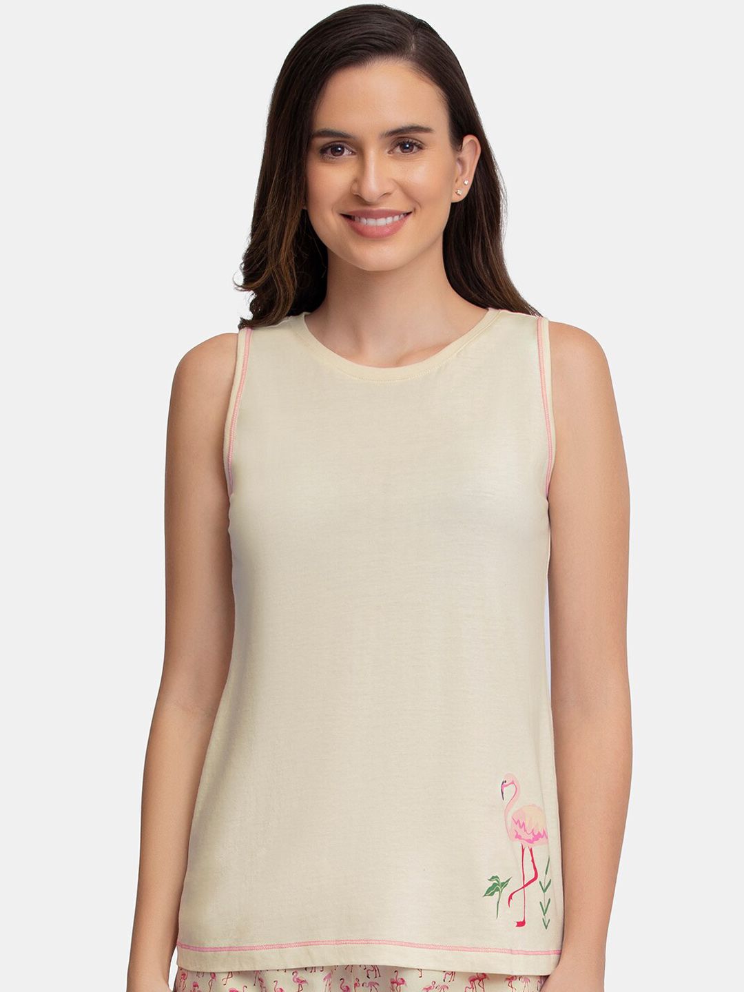 Amante Women Beige & Pink Printed Round Neck Lounge Tank Top Price in India