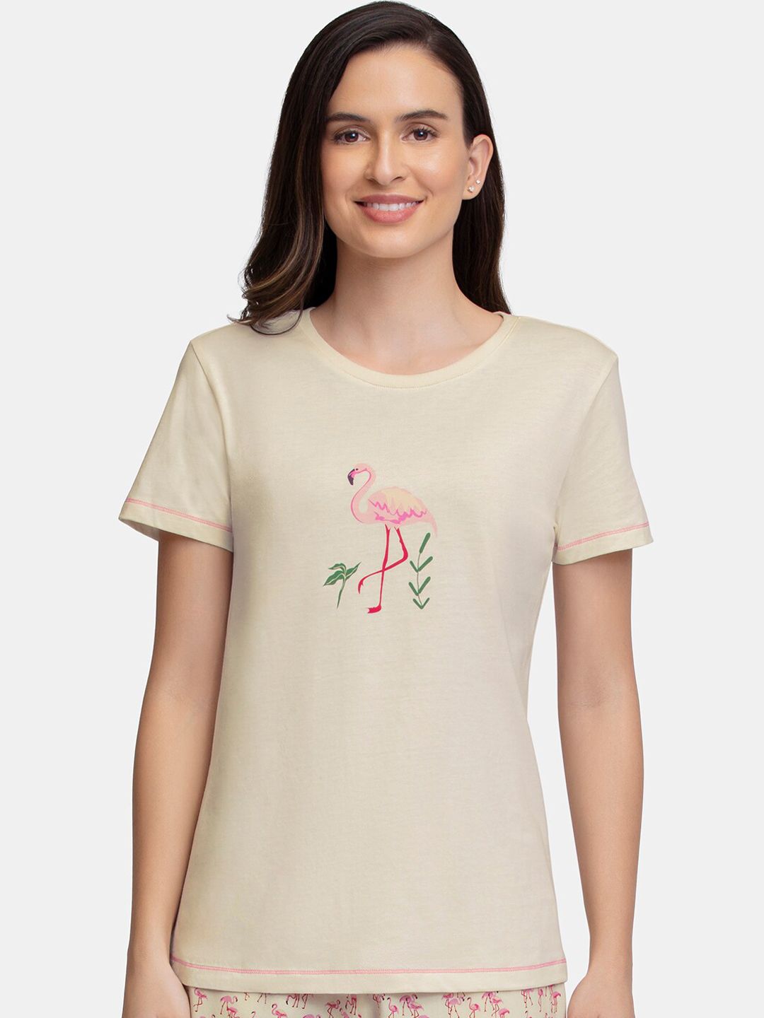 Amante Women Cream & Pink Printed Cotton Lounge Tshirt Price in India