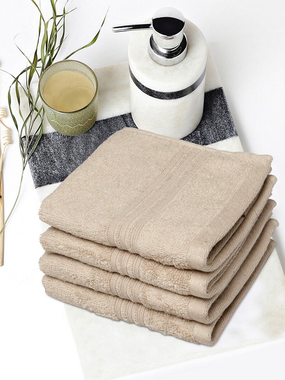 SPACES Set Of 4 Brown Solid Pure Cotton 450 GSM Light Weight Face Towels Price in India