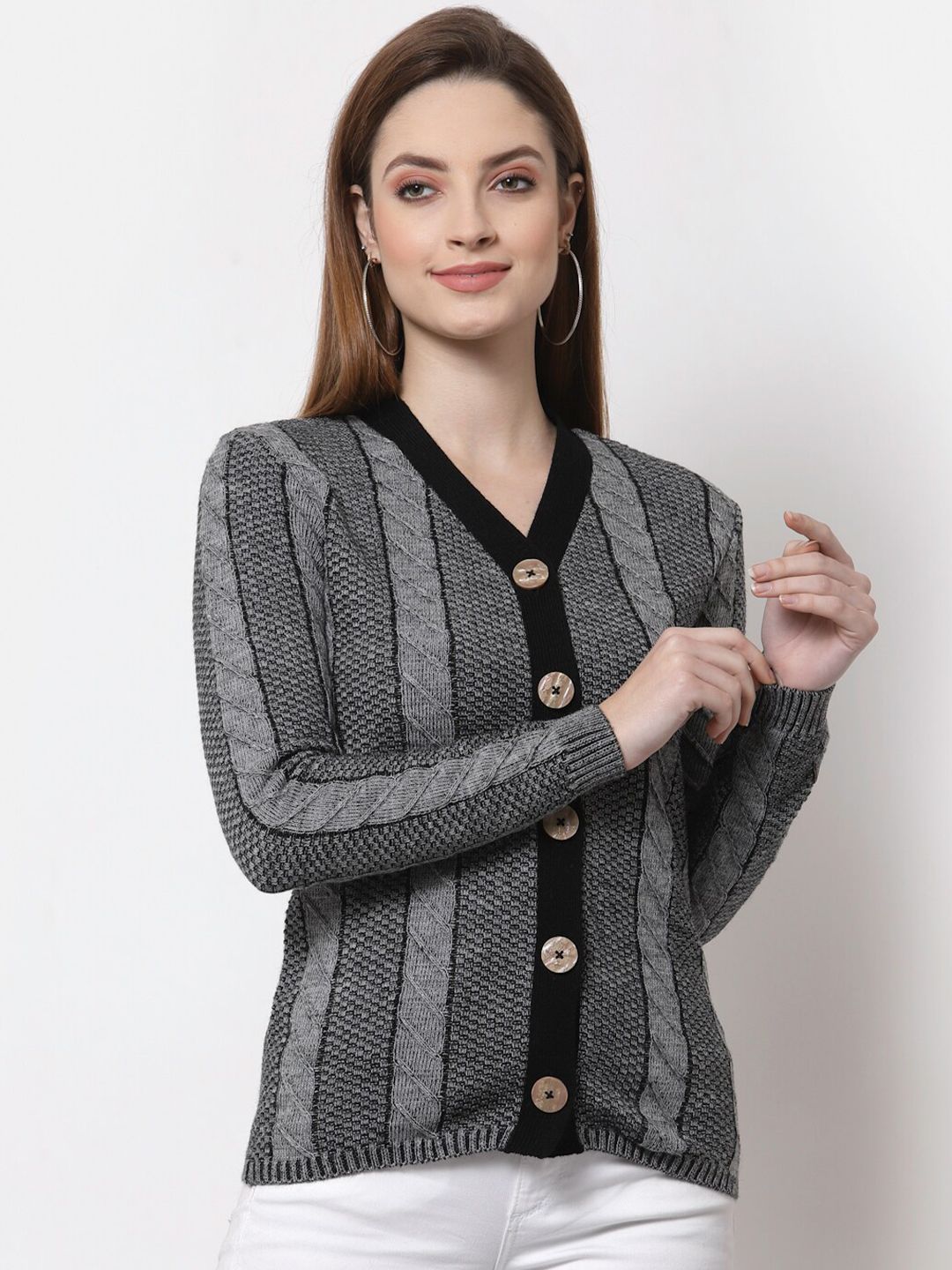 Kalt Women Black & Grey Striped Acrylic Sweater Price in India