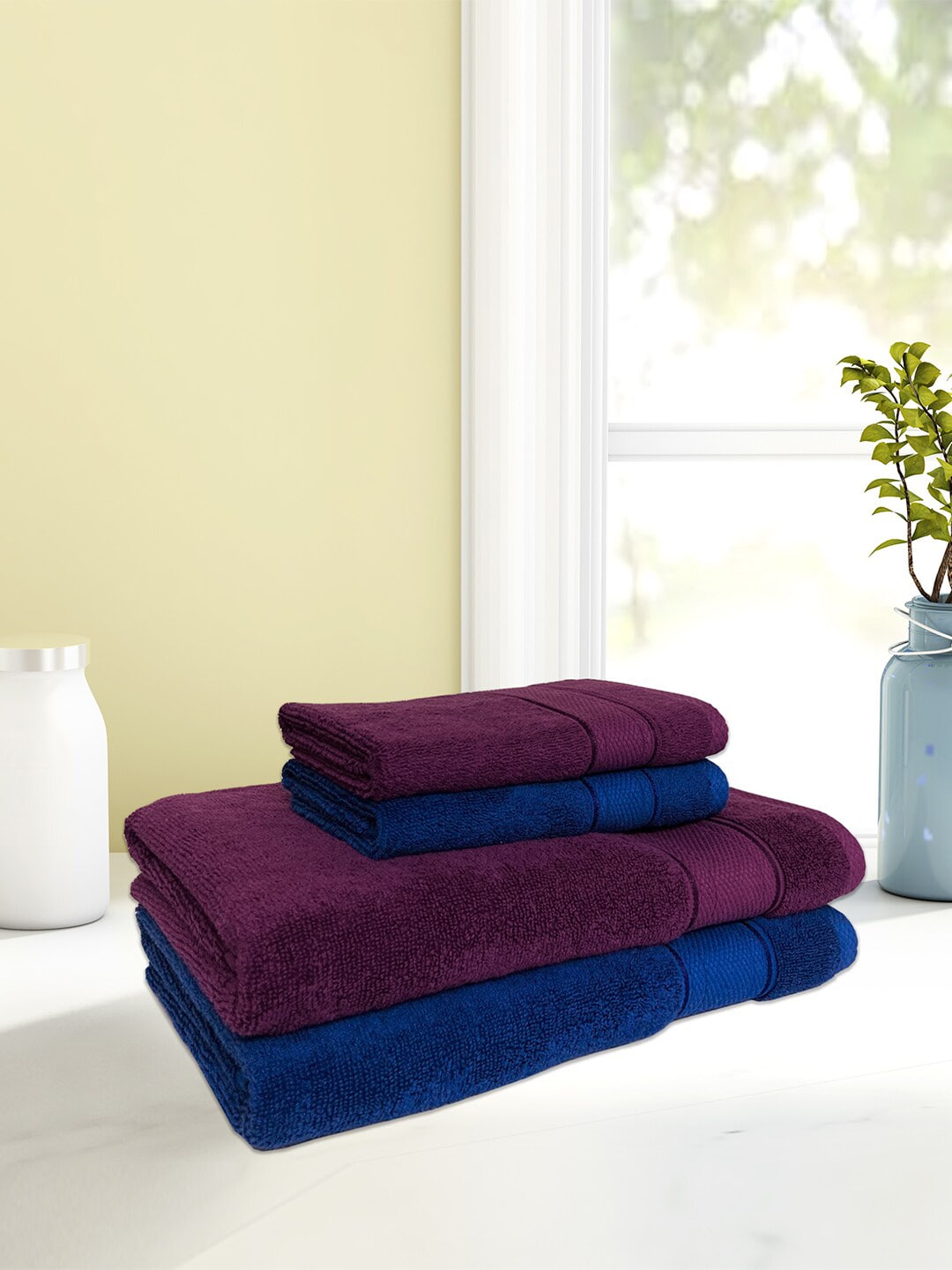 SPACES Purple & Blue Solid Set of 4 Pure Cotton Towel Set Price in India