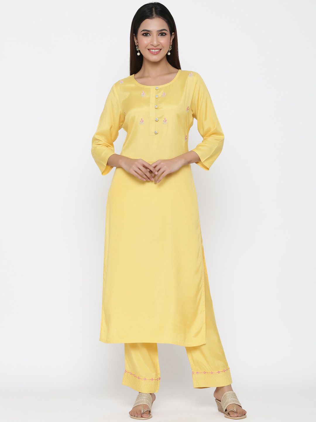 Jaipur Kurti Women Yellow Thread Work Kurta with Trousers Price in India