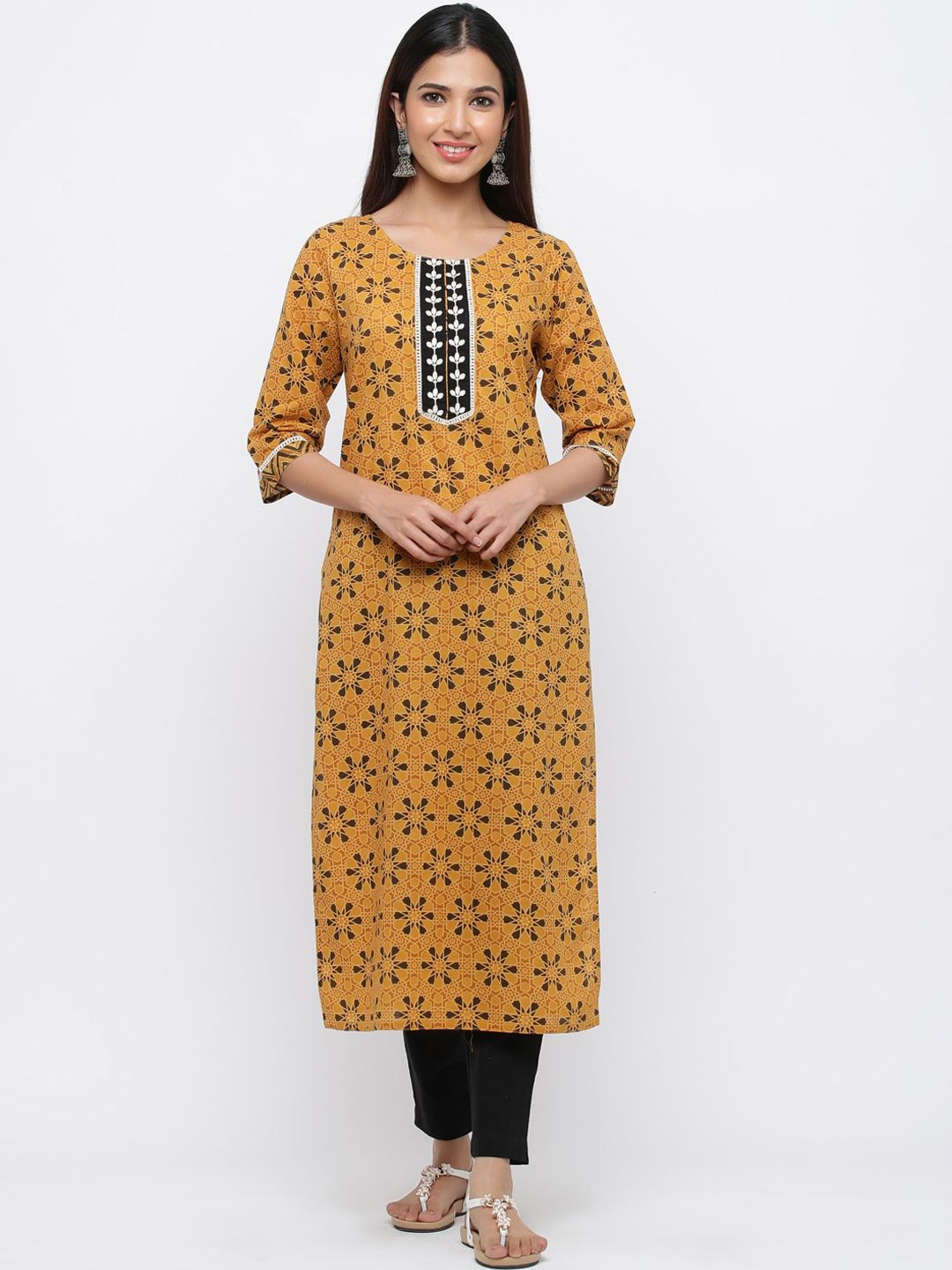 Jaipur Kurti Women Mustard Yellow Floral Printed Pure Cotton Kurta with Trousers Price in India