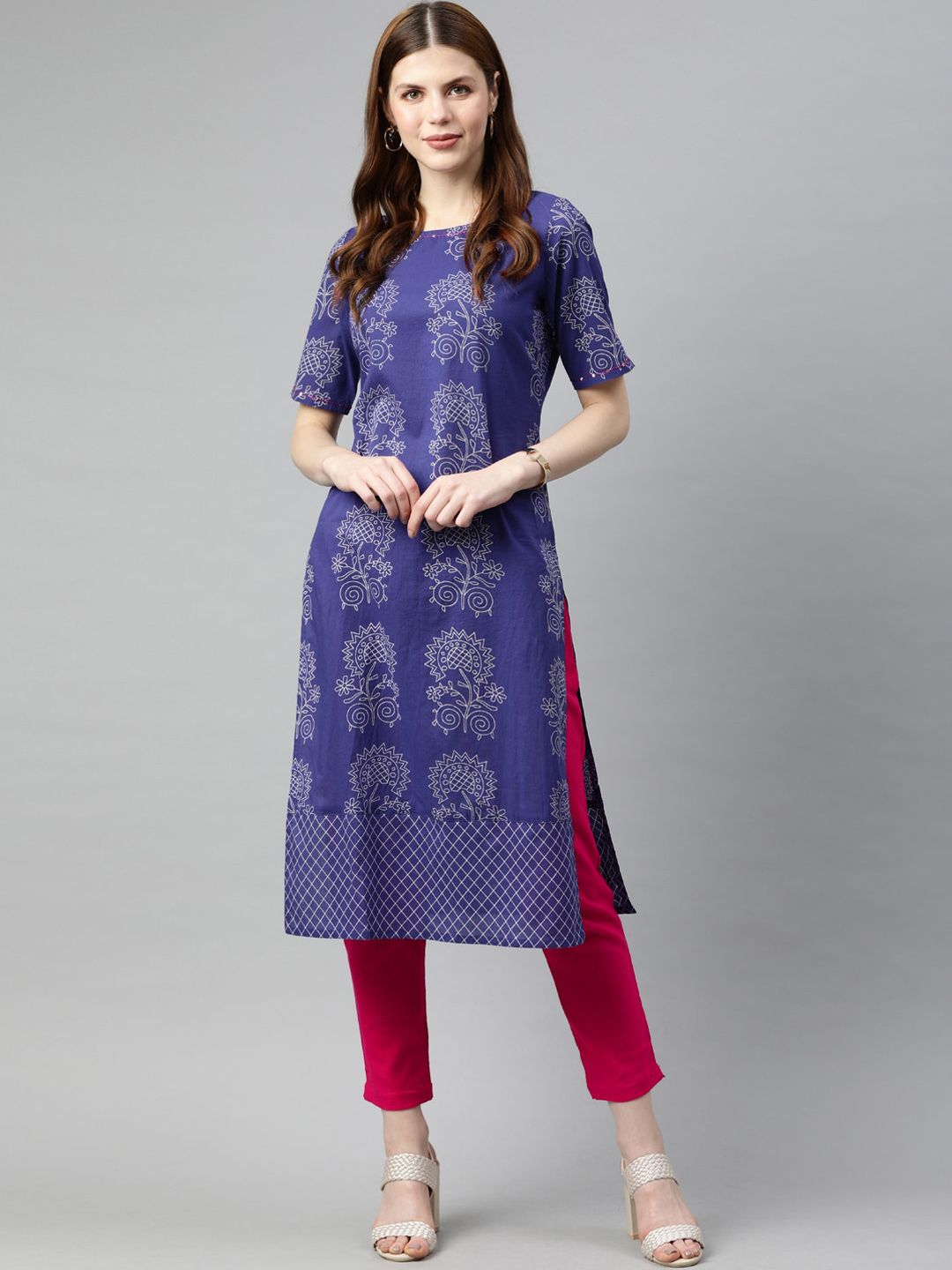 Jaipur Kurti Women Blue Floral Printed Pure Cotton Kurta Set Price in India