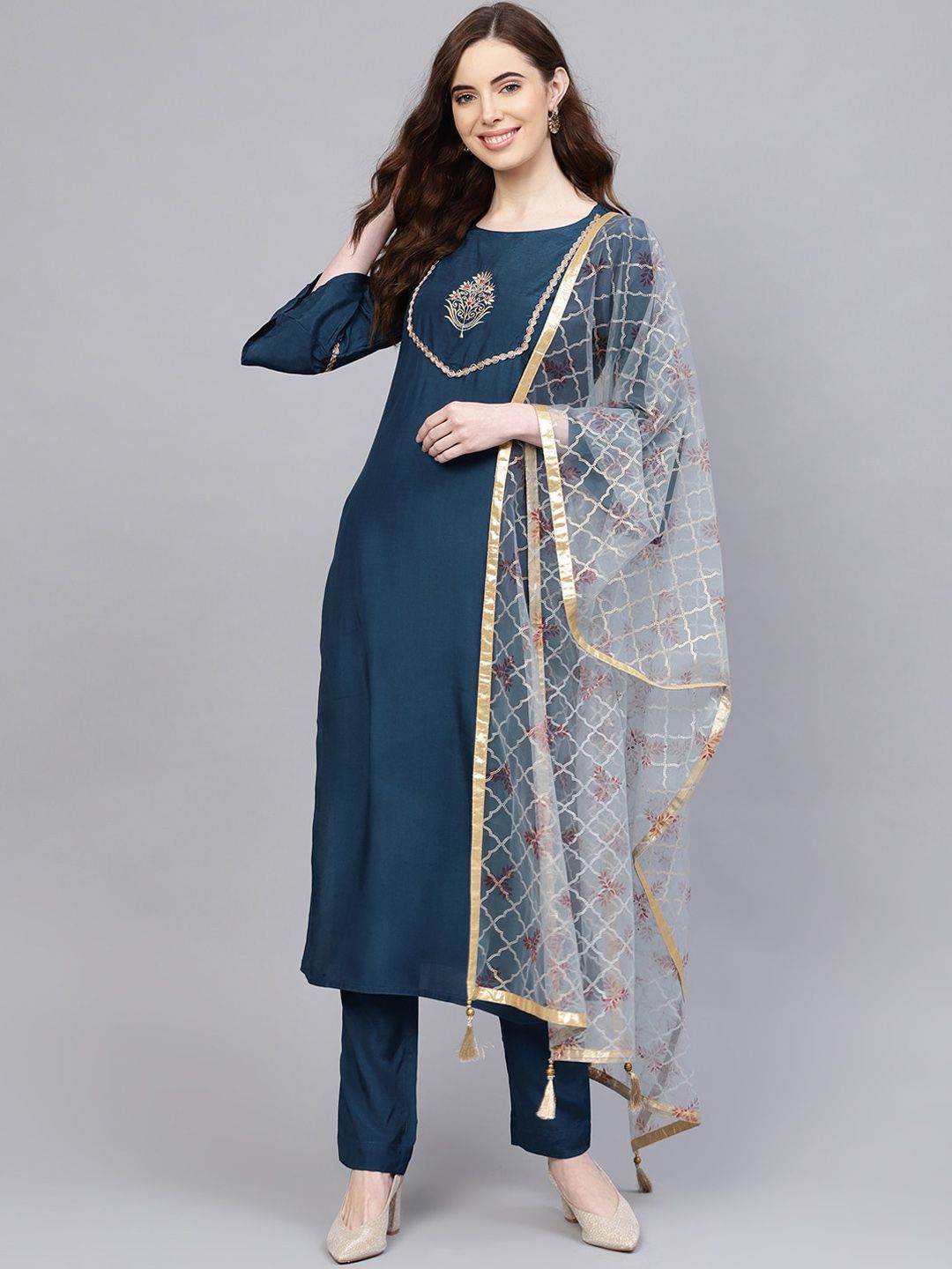 Jaipur Kurti Women Blue Yoke Design Panelled Kurta with Palazzos & With Dupatta Price in India