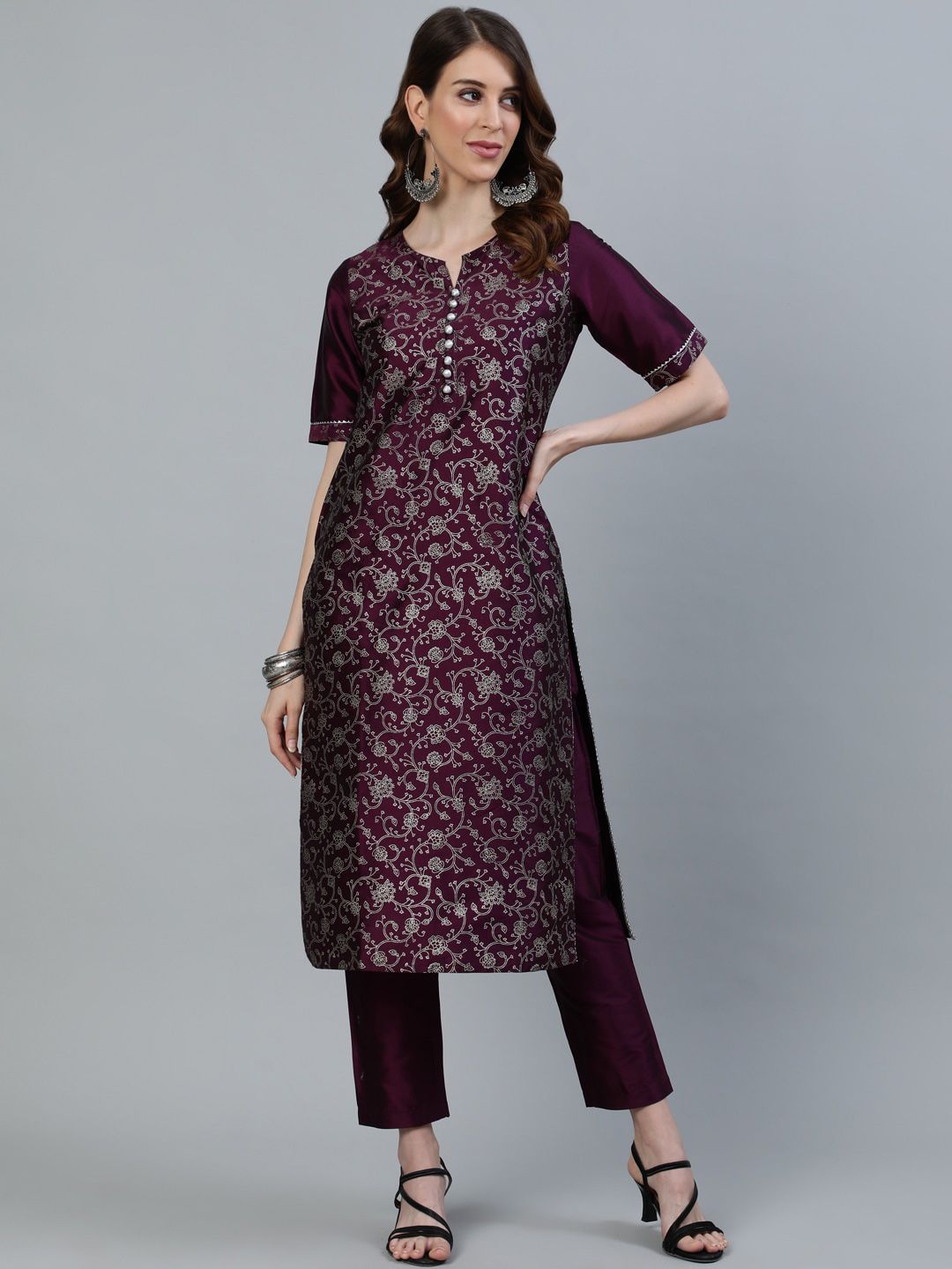 Jaipur Kurti Women Purple Floral Embroidered Kurta with Trousers Price in India