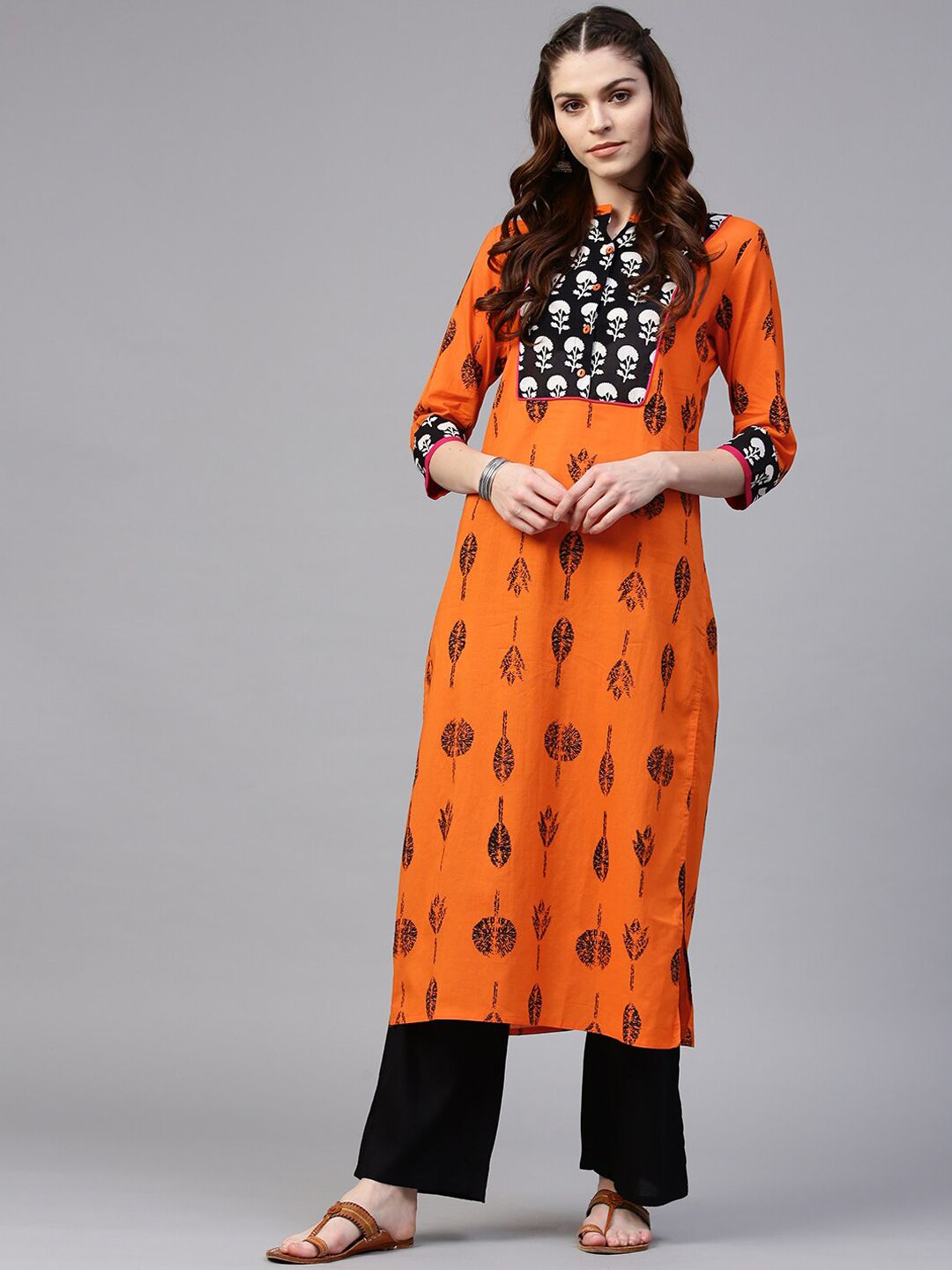 Jaipur Kurti Women Orange Printed Pure Cotton Kurta with Palazzos Price in India