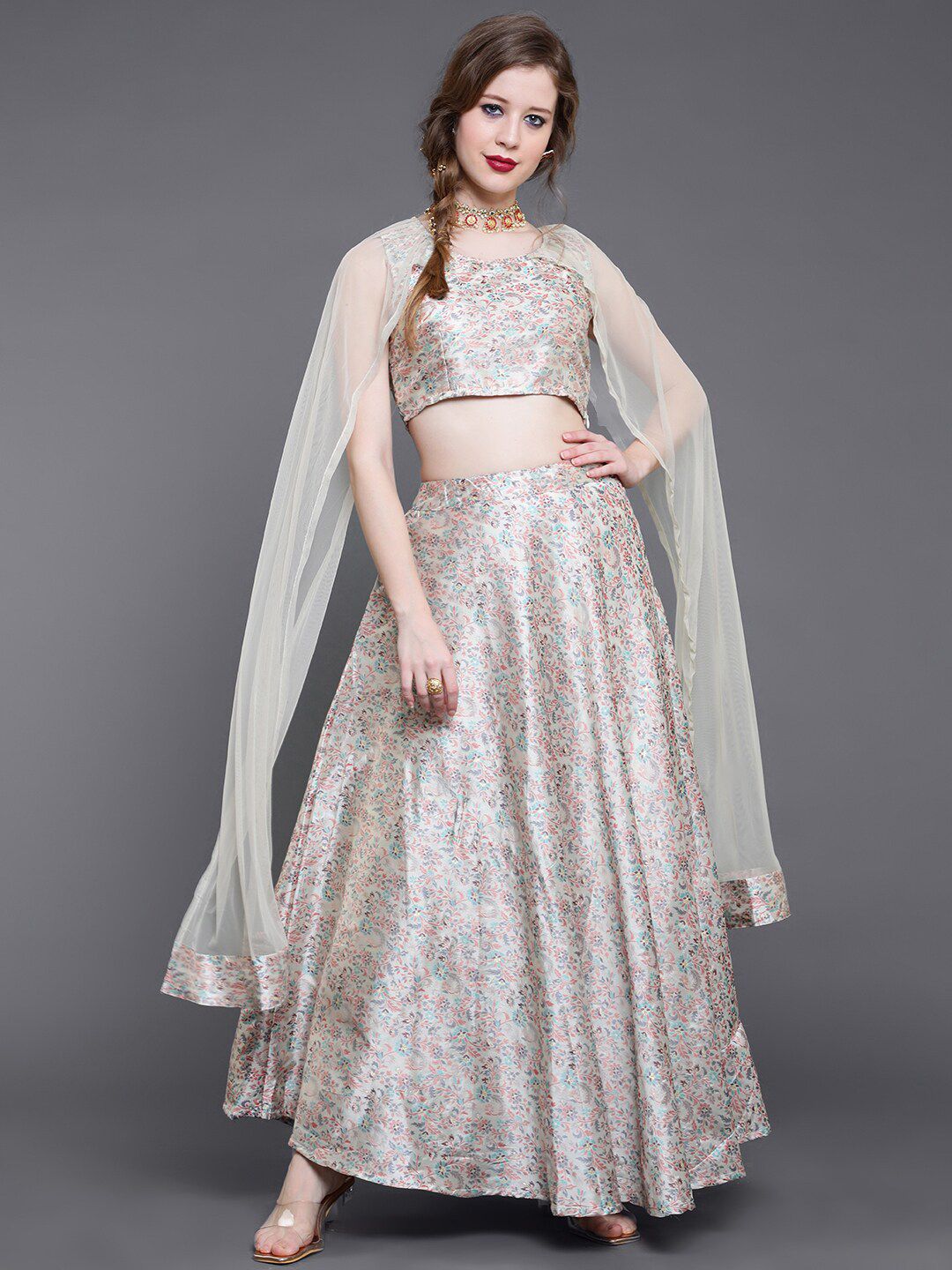 saubhagya Grey & Pink Woven Design Ready to Wear Lehenga & Choli Price in India