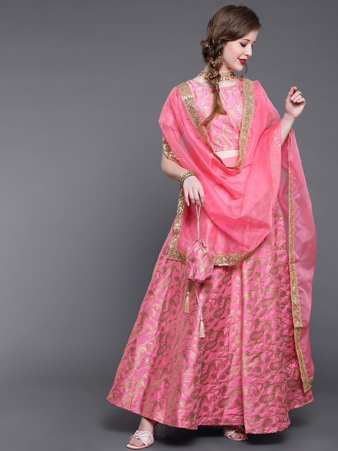 saubhagya Pink & Gold-Toned Silk Ready to Wear Lehenga & Blouse With Dupatta Price in India