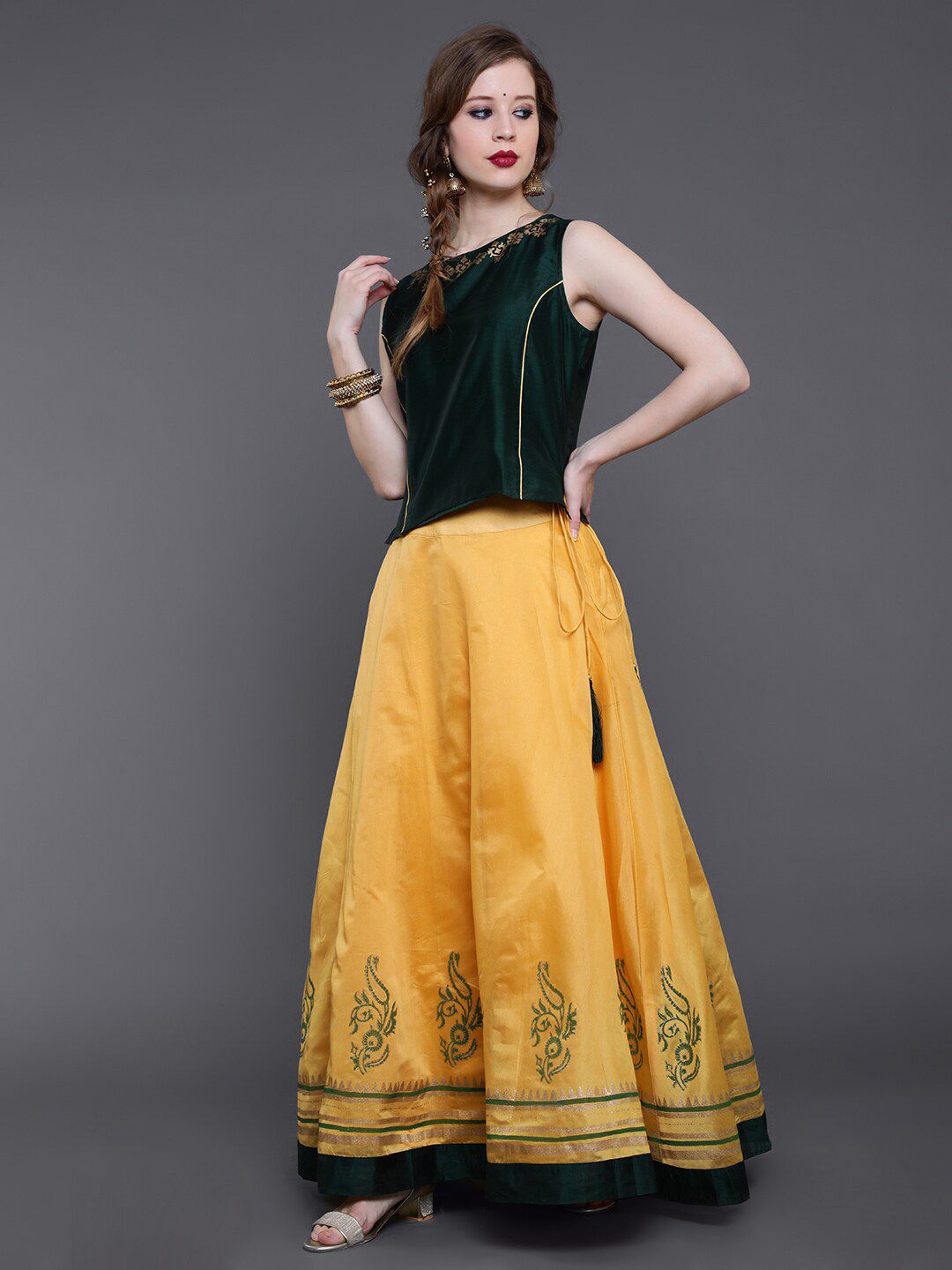 saubhagya Yellow & Green Printed Ready to Wear Lehenga & Price in India