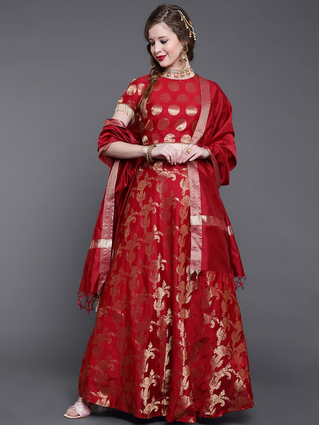 saubhagya Maroon & Gold-Toned Printed Ready to Wear Lehenga & Blouse With Dupatta Price in India