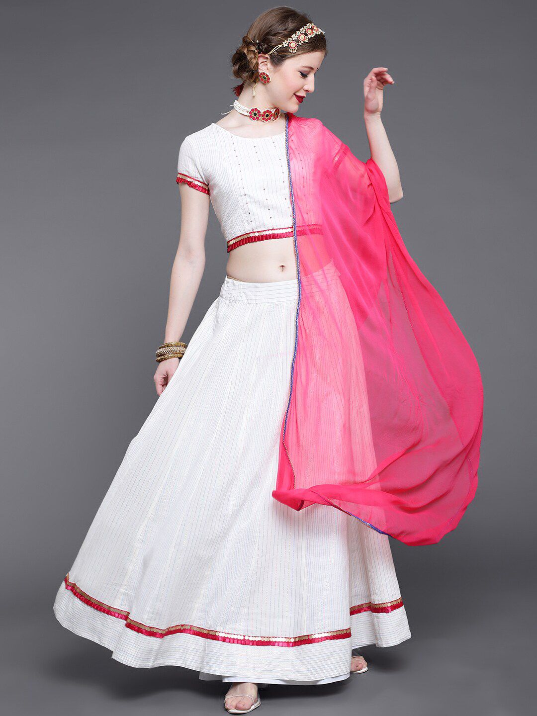 saubhagya White & Red Striped Sequinned Ready to Wear Lehenga & Blouse With Dupatta Price in India